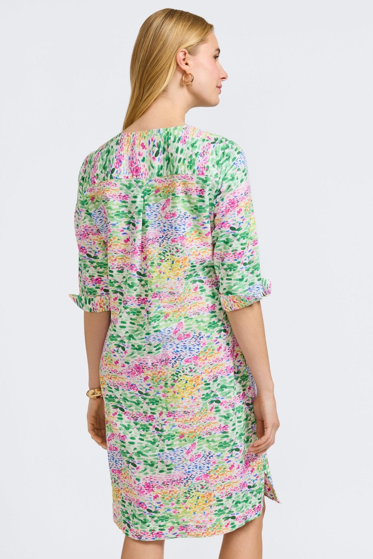 Vena Linen Impressionist Floral 3/4 Sleeve Dress - Women's Boho Summer Midi Dress for Beach, Garden Parties & Casual Outings