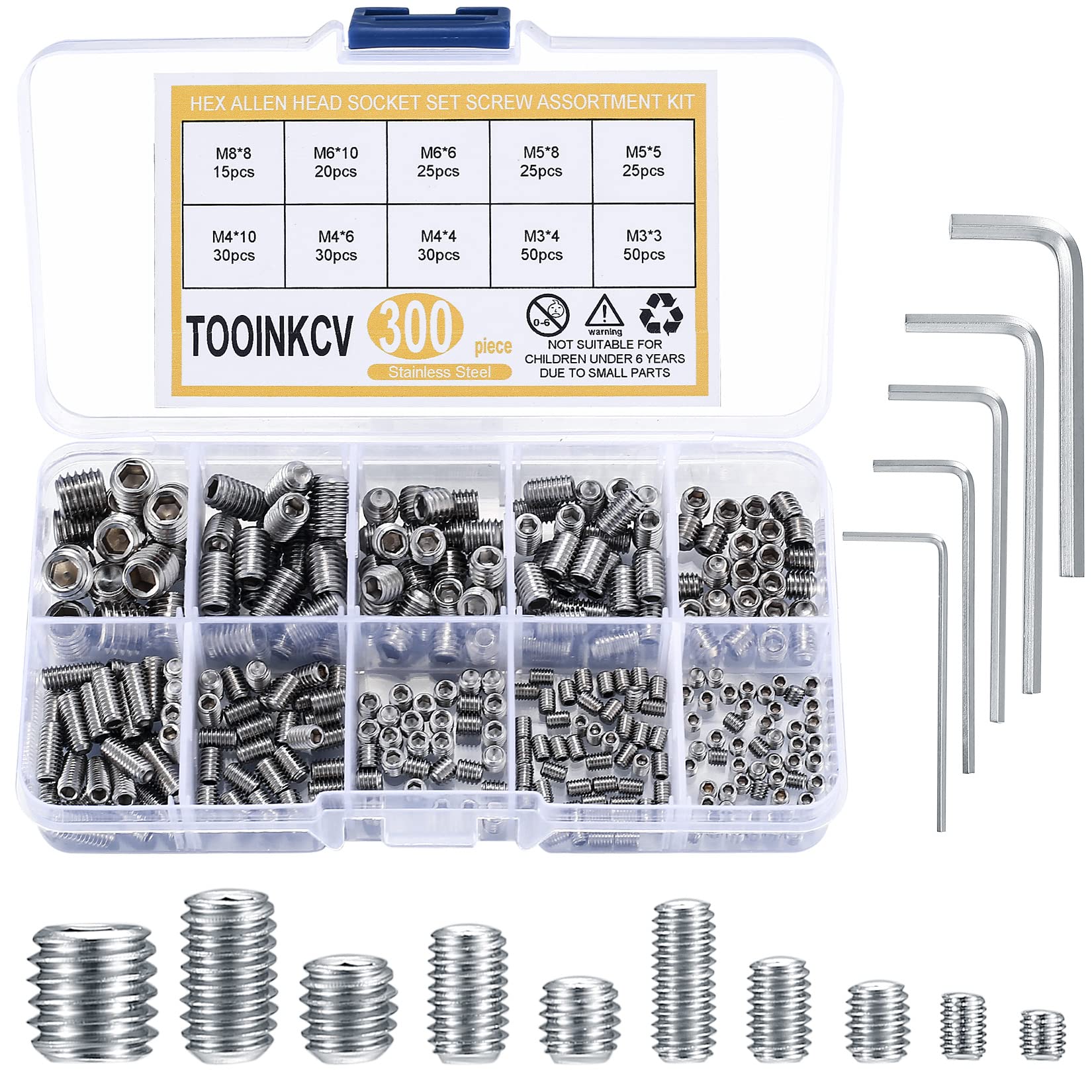 300 Pcs Stainless Steel Socket Head Screws Assortment Kit - M3 M4 M5 M6 M8 Allen Hex Grub Screws Set for Door Handles, Light Fixtures, Furniture & DIY Projects - Corrosion Resistant Fasteners for Home Repair & Automotive Use
