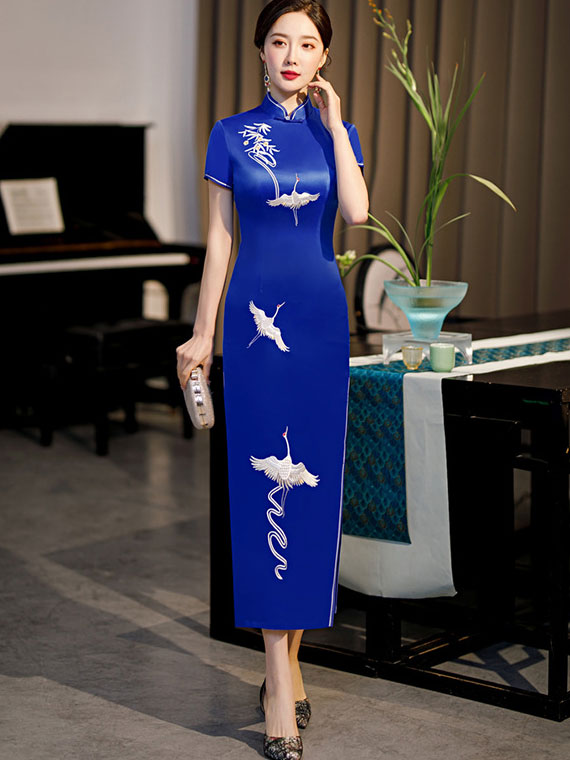 Elegant Embroidered Cranes Cheongsam Qi Pao Dress - Traditional Chinese Qipao Dress for Women, Perfect for Weddings, Parties & Special Occasions