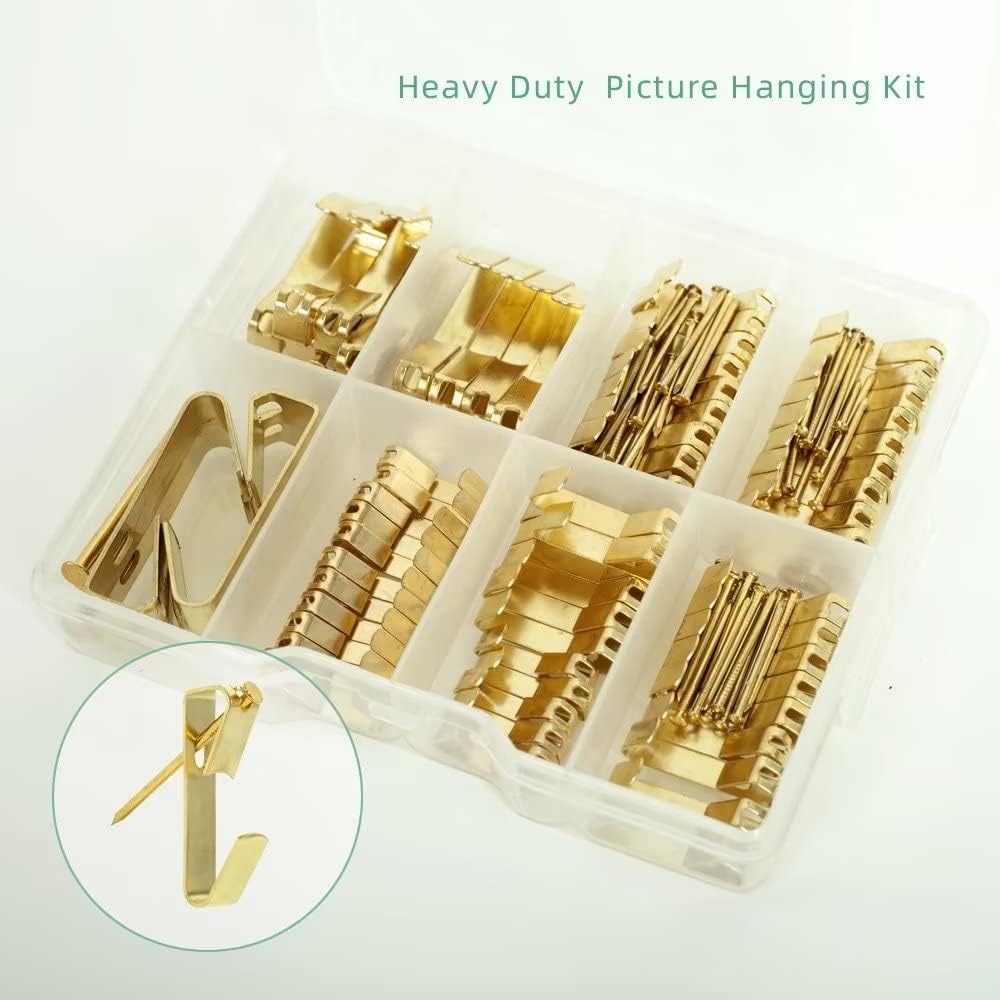 Heavy Duty Picture Hanging Kit - 140pcs Golden Hooks for Frames, Paintings & Mirrors (10-100lbs) - Wall Mounting Hardware for Home & Office Decor