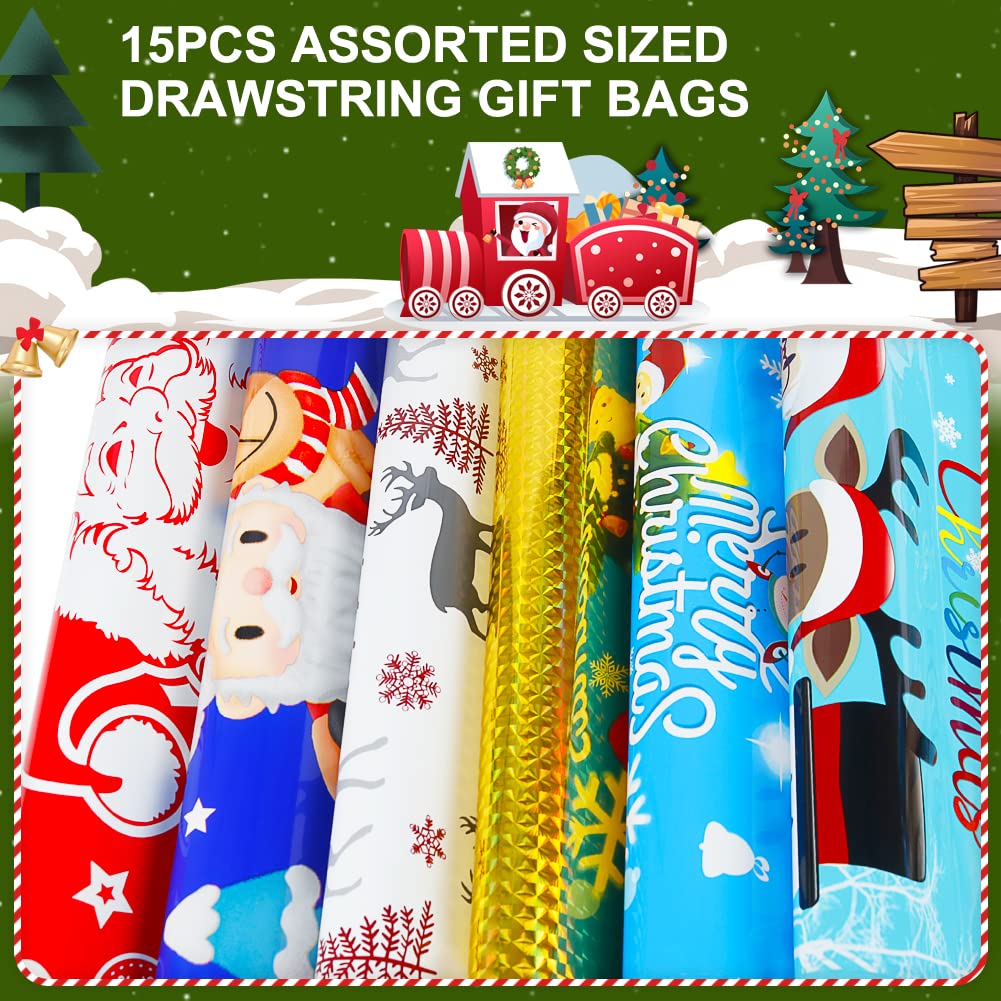 Advantez Christmas Drawstring Gift Bags - 15pcs Festive Foil Holiday Gift Bags for Christmas, Birthday, Party & Goodie Wrapping - Perfect for Holiday Presents, Stocking Stuffers & Festive Celebrations