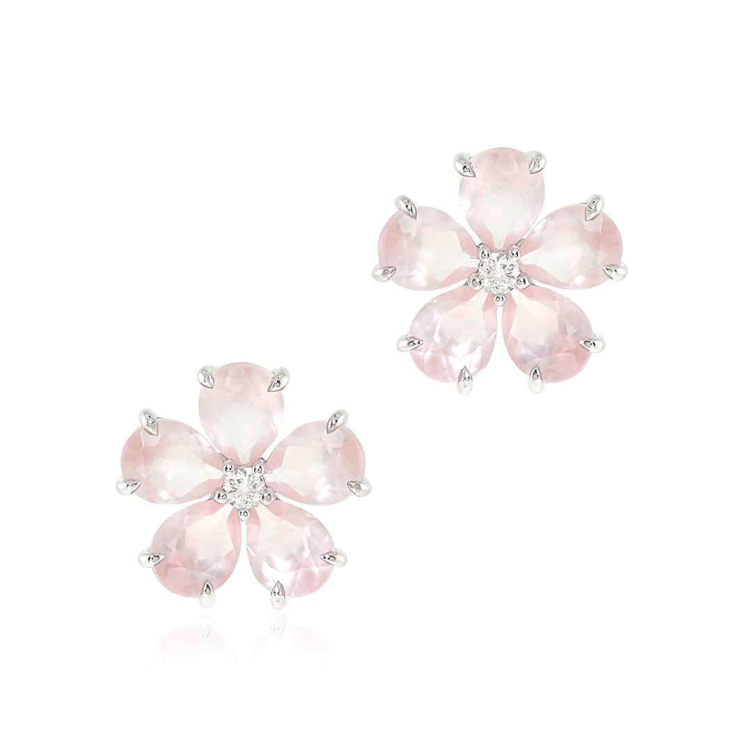 Rose Quartz & Diamond Forget Me Not Earrings - Elegant Floral Dangle Earrings for Women, Perfect for Weddings, Anniversaries & Special Occasions