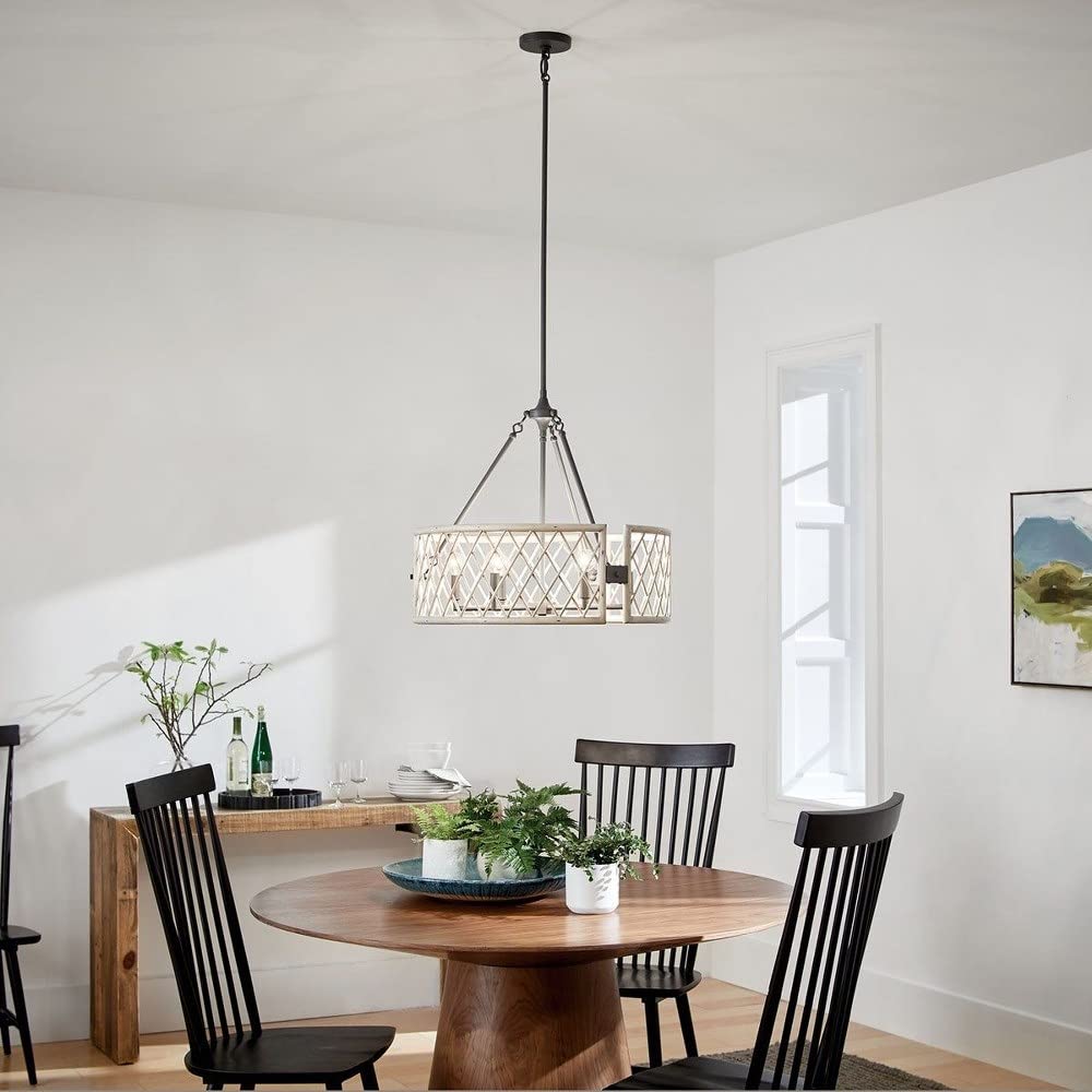 6-Light Country Rustic Wood Lattice Drum Shade Chandelier - Farmhouse Ceiling Light Fixture for Dining Room, Kitchen, Living Room & Bedroom