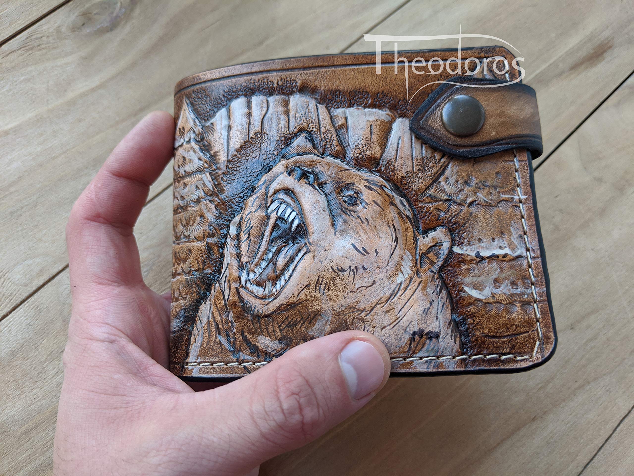 Grizzly Bear Forest Hunter Hunting Mens 3D Genuine Leather Bifold Wallet - Handmade Carved Tooled Airbrush Art Custom Personalized Gift for Outdoorsmen (Camping, Hiking, Fishing)