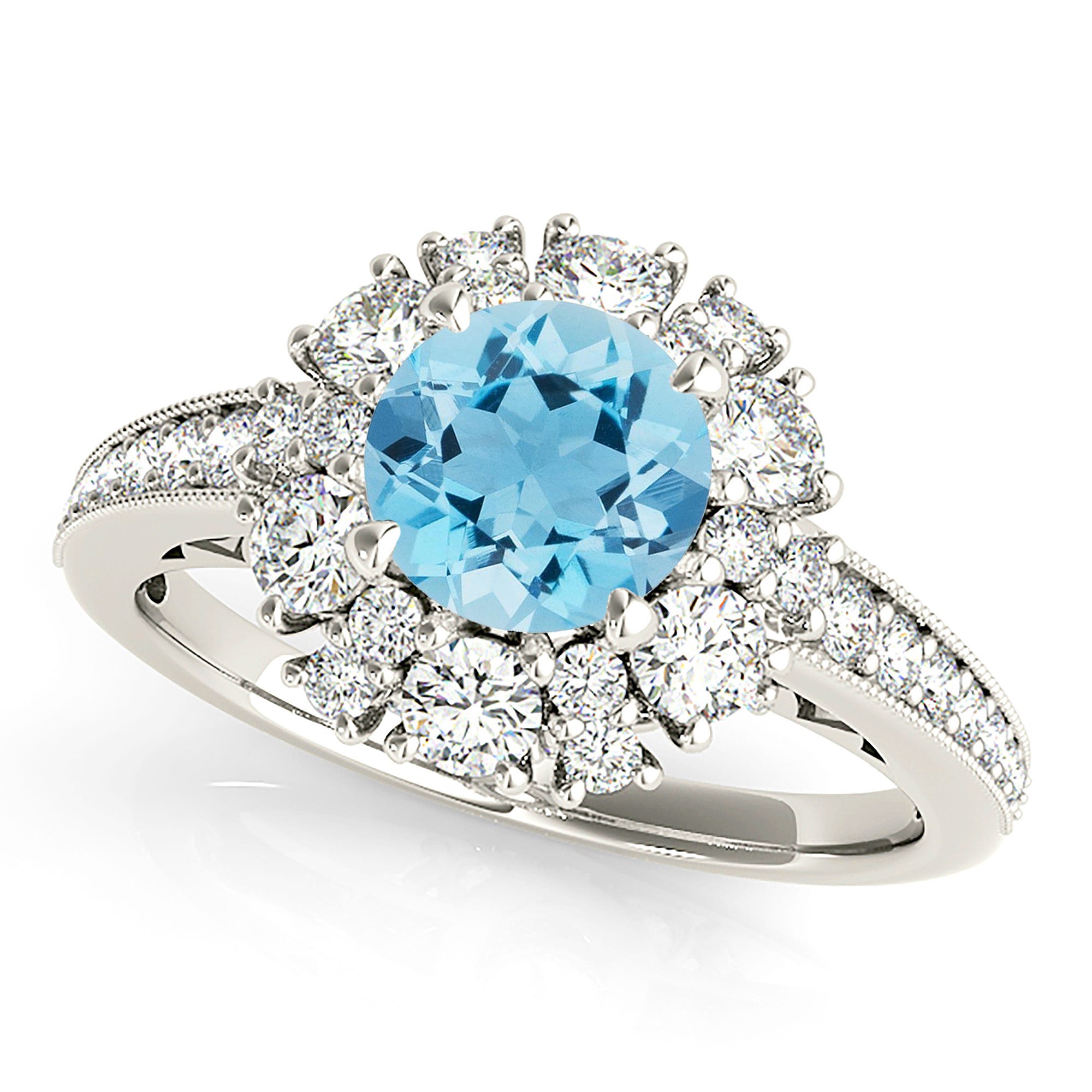 1.75 Carat Genuine Aquamarine Engagement Ring with Fancy Halo & Diamond Band - Perfect for Weddings, Anniversaries & Special Occasions