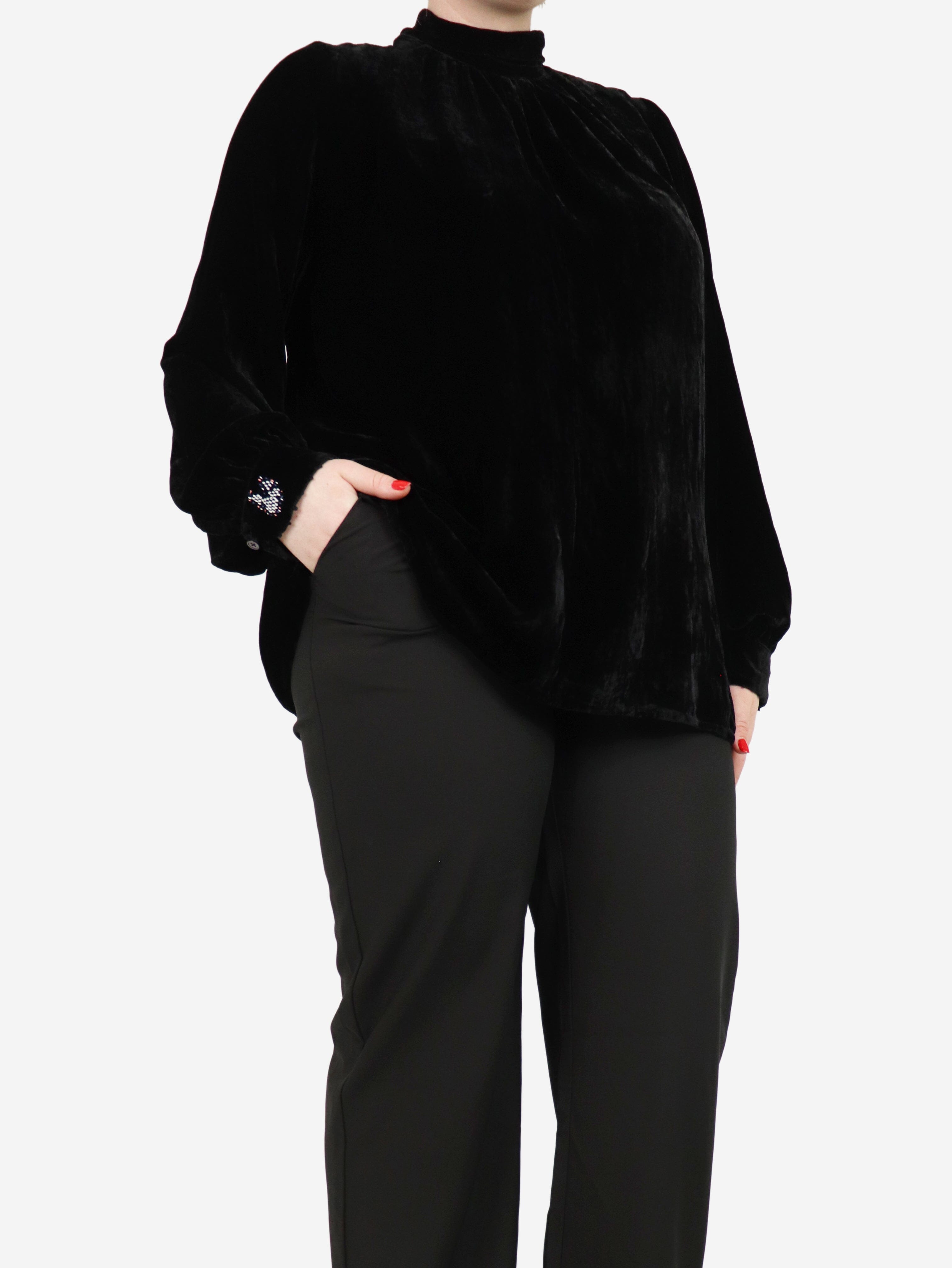 Black Velvet Neck Tie Blouse for Women - Size L - Elegant Office Wear & Evening Party Outfit