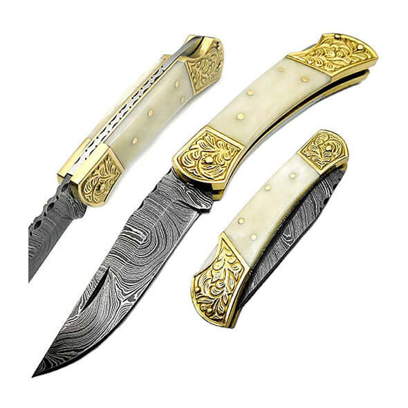 Premium Damascus Steel Folding Pocket Knife with Camel Bone Handle - 7.6'' Scrimshaw Design - Perfect EDC Knife for Men, Outdoor Camping & Survival Gear - Great Gift for Hunters & Collectors