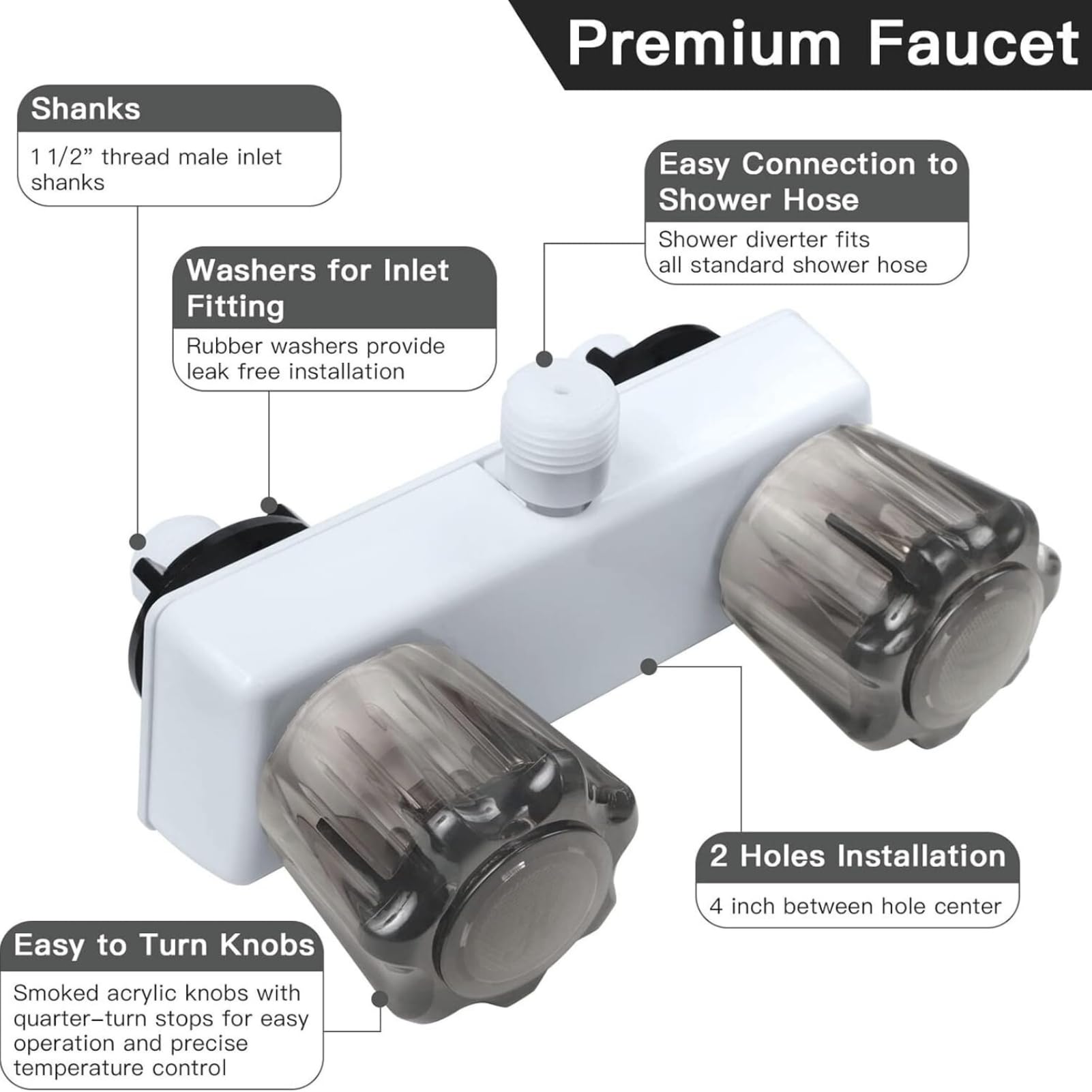 RV Shower Faucet Two Handle Replacement Set - Crystal Acrylic RV Shower Valve for Camper Van, Travel Trailer, Motorhome & Boat - White/Black (White) - Perfect for RV Bathroom Upgrades & Marine Applications