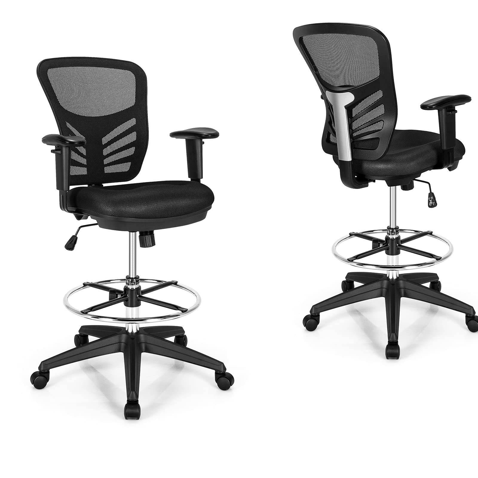 Giantex Ergonomic Drafting Chair - Adjustable Height Standing Desk Chair with Lumbar Support, Footrest Ring & Armrests - Rolling Stool Computer Task Chair for Office, Studio & Home Workspace - Black Executive Tall Chair for Artists, Designers & Professionals