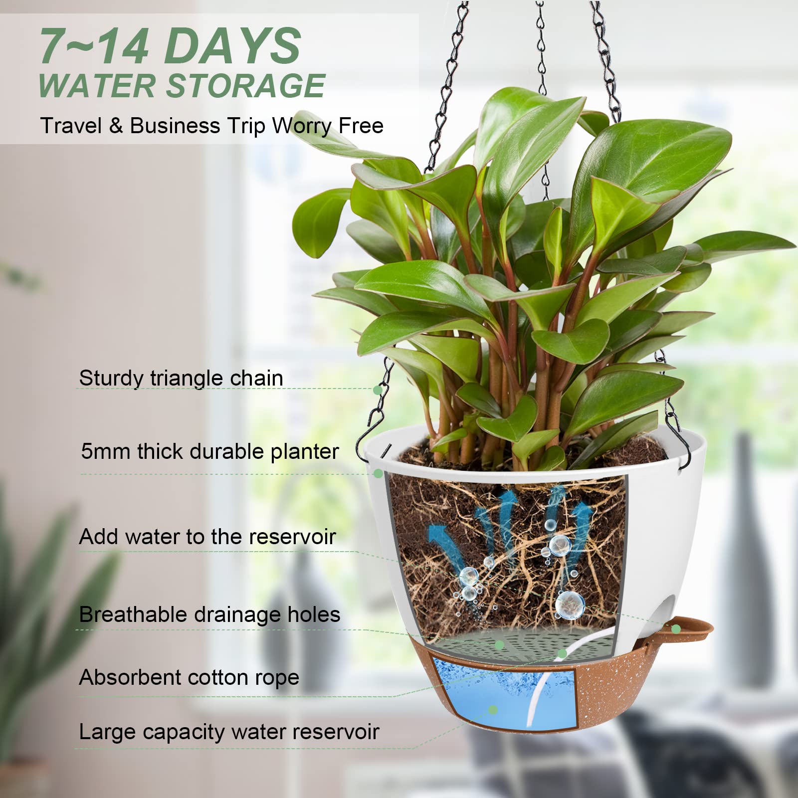 2 Pack Self Watering Hanging Planters for Indoor Outdoor Plants - 6 Inch Hanging Flower Pots with Drainage Holes & Removable Tray - Perfect for Garden, Balcony, Patio, and Home Decor (White)