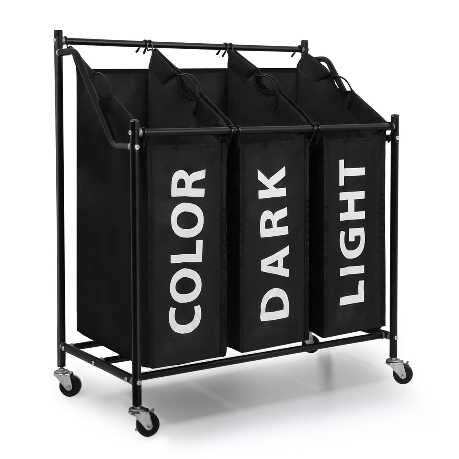 3-Section Laundry Hamper with Wheels & Removable Fabric Bags - 45L x 3, Metal Frame, Black - Perfect for Bedroom, Laundry Room & Dorm Organization