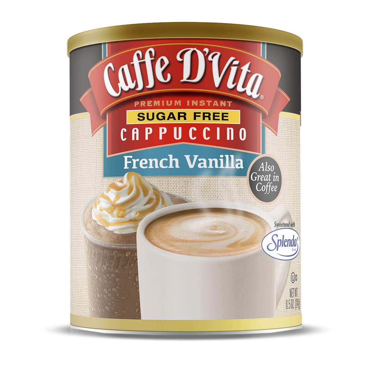Sugar Free French Vanilla Cappuccino Mix by Caffe D’Vita - Instant Gluten Free Coffee Drink, 99% Caffeine Free, No Cholesterol or Hydrogenated Oils - 8.5 Oz Can (6-Pack) - Perfect for Office, Travel & Keto Diet