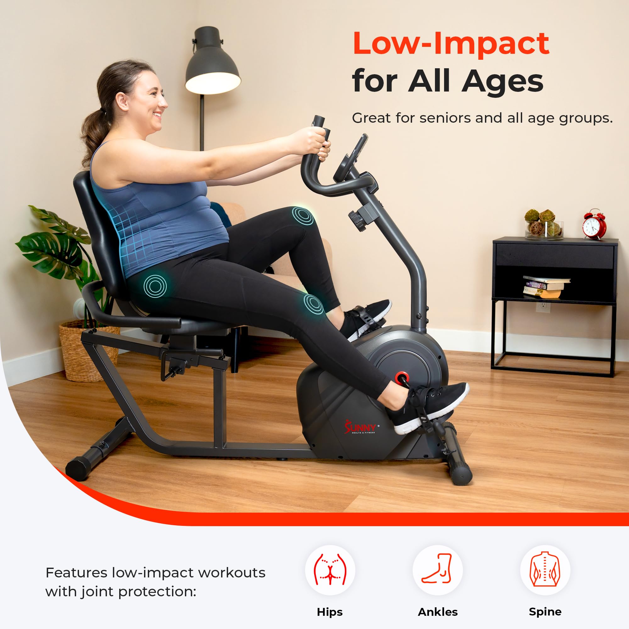 Sunny Health & Fitness Smart Heavy-Duty Recumbent Exercise Bike with Wide Cushioned Seat & Back Support - Indoor Cycling Machine for Adults & Seniors - Home Workout Equipment with Free SunnyFit App Connectivity & Optional Resistance Bands - Perfect for Low-Impact Cardio, Rehabilitation & Home Gym Training