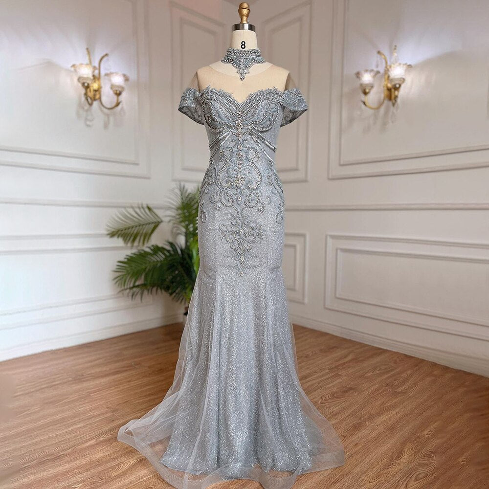Elegant Silver Mermaid Evening Dress with Pearl Beading - Luxury Women's Gown for Wedding, Party & Special Occasions | LA71870