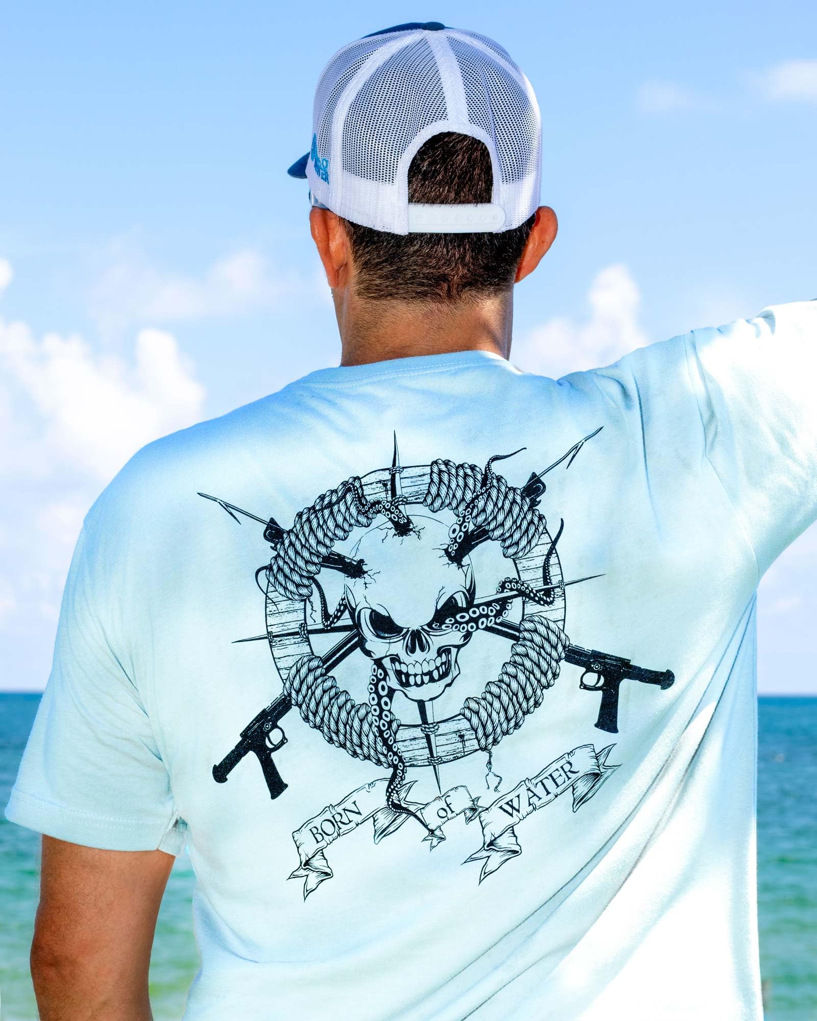 Skull and Speargun Spearfishing T-Shirt for Men: Short Sleeve Fishing, Scuba Diving, Boating, Beach Wear for Outdoor Adventures and Summer Activities