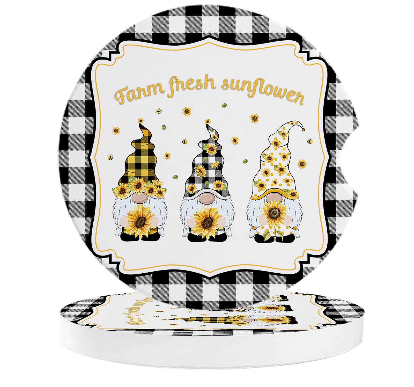 Absorbent Ceramic Car Coasters with Finger Notch - Vintage Farmhouse Gnome Sunflower Design, Black White Plaid (2 Pack) - Perfect for Coffee, Drinks & Car Accessories, Ideal for Road Trips & Daily Commute