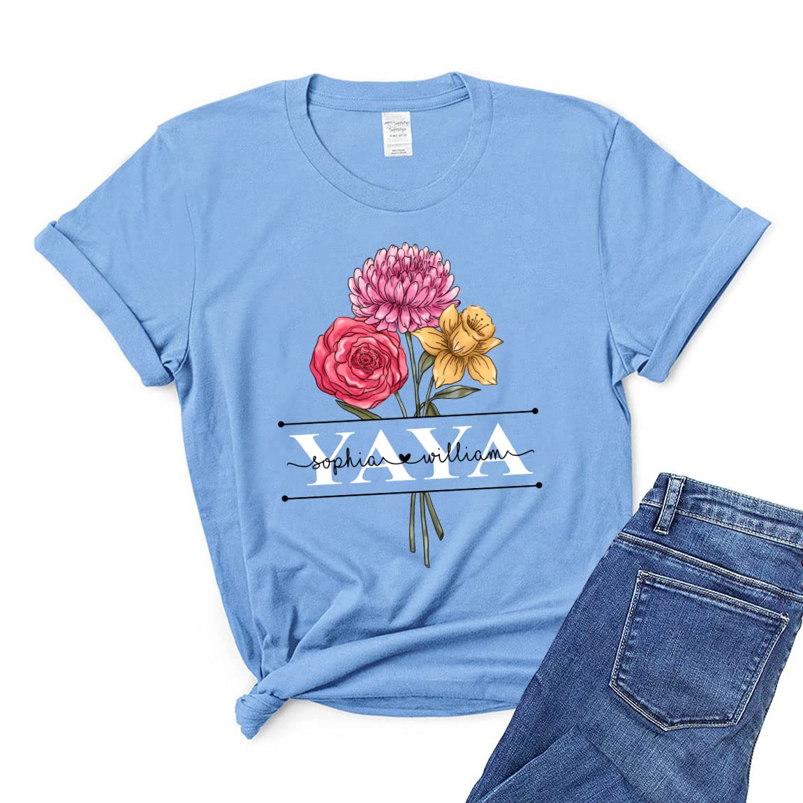 Custom Yaya Birthday Shirt for Grandma - Personalized Grandma & Grandkids Matching T-Shirt - Best Mother's Day Gift Idea - Floral Print Women's Shirt for Family Celebrations & Special Occasions