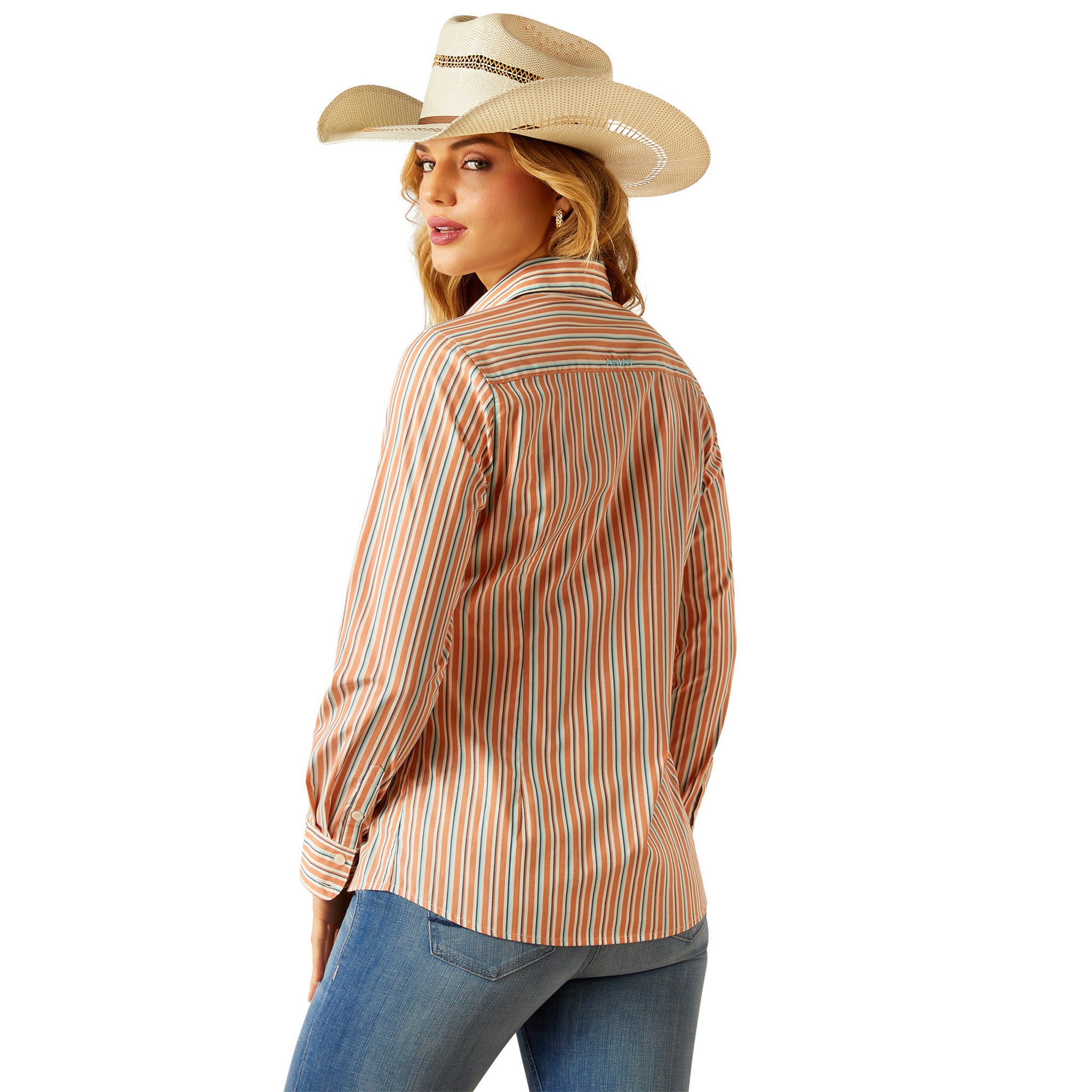 Ariat Kirby Coral and Blue Stripe Long Sleeve Shirt for Women - Western Style Casual & Work Wear - Perfect for Rodeo, Ranch, and Outdoor Activities