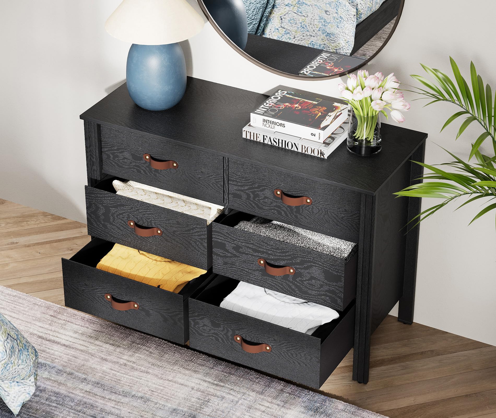 WAMPAT 12-Drawer Dresser - Mid Century Modern Wooden Chest of Drawers for Bedroom, Nursery & Living Room | Black Kids Dresser with Wide Storage Organizer | Perfect for Baby Clothes, Toys & Home Organization