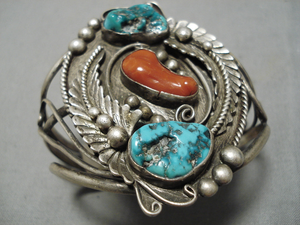 Vintage Navajo Turquoise Coral Sterling Silver Cuff Bracelet - Handmade Native American Jewelry for Women - Perfect for Boho Fashion, Gift Giving & Special Occasions