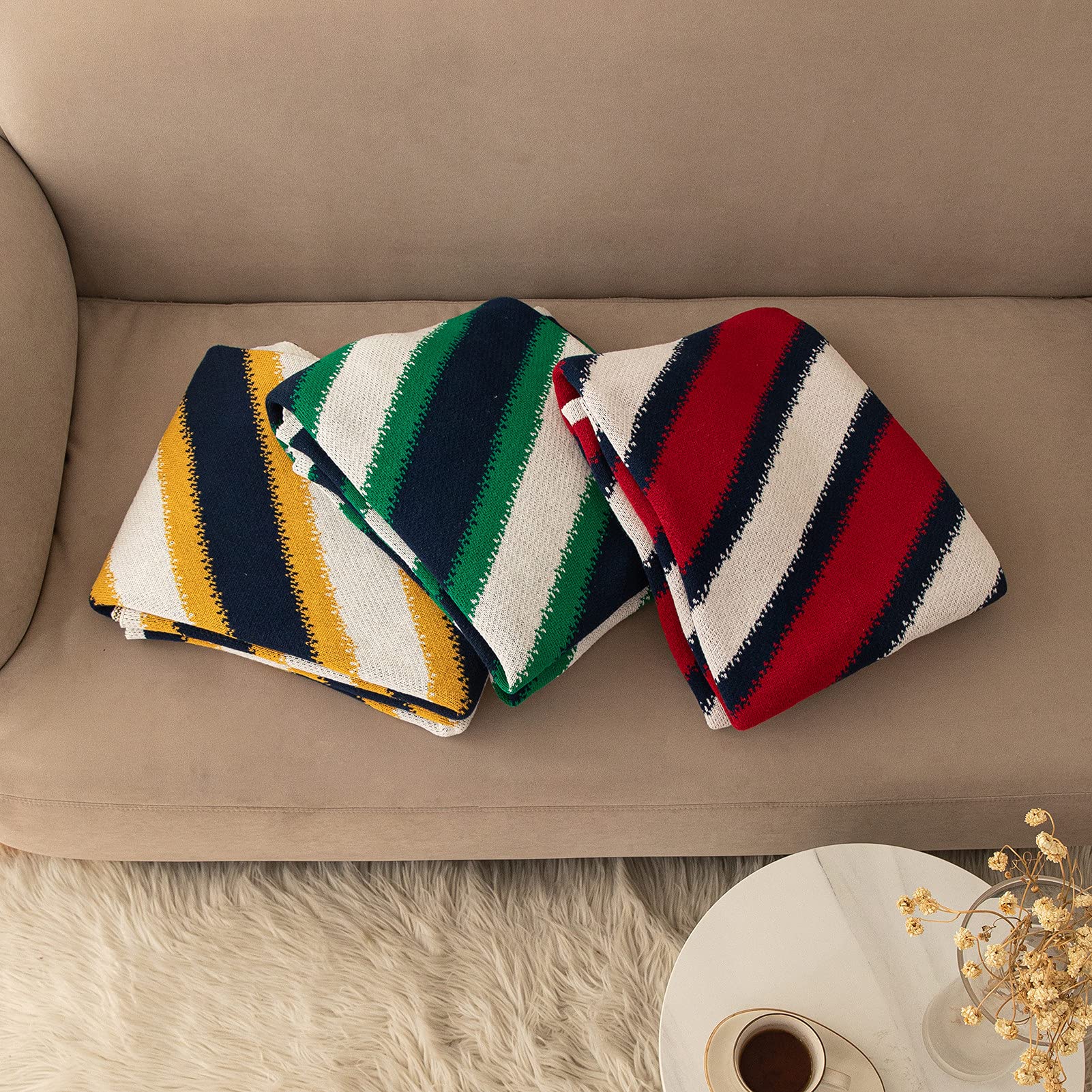 100% Cotton Striped Knit Throw Blanket - Ultra Soft Lightweight Geometric Blanket for Couch, Sofa & Bed - Cozy Decorative Blanket for Women, Men & Kids - Perfect for Lounging, Gifting & Home Decor (Yellow)