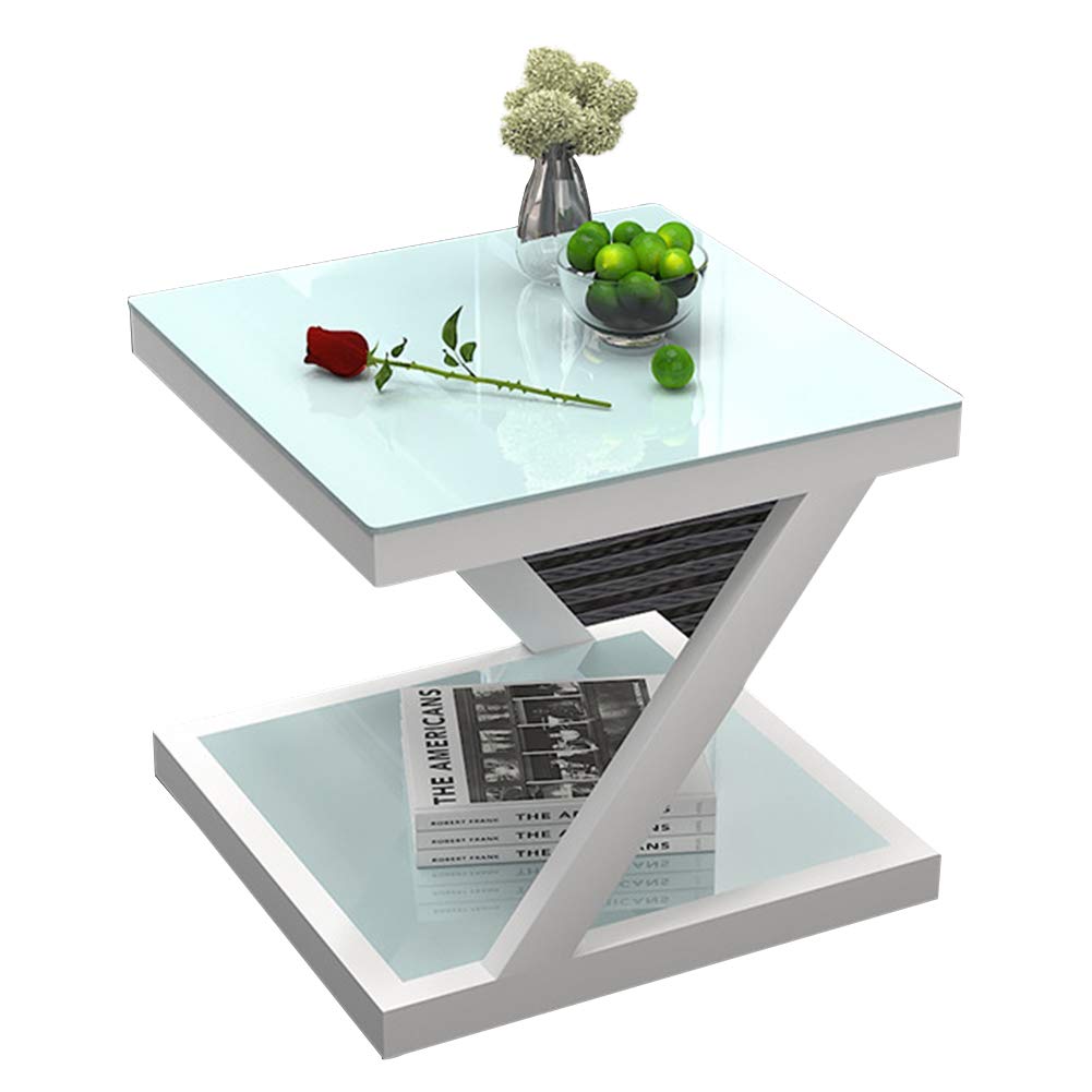 Modern Z-Shape Sofa Side Table with Tempered Glass Top & Stainless Steel Frame - Stylish Nightstand with Storage Shelf for Bedroom, Living Room, Balcony | Perfect for Holding Drinks, Books & Decor in Small Spaces