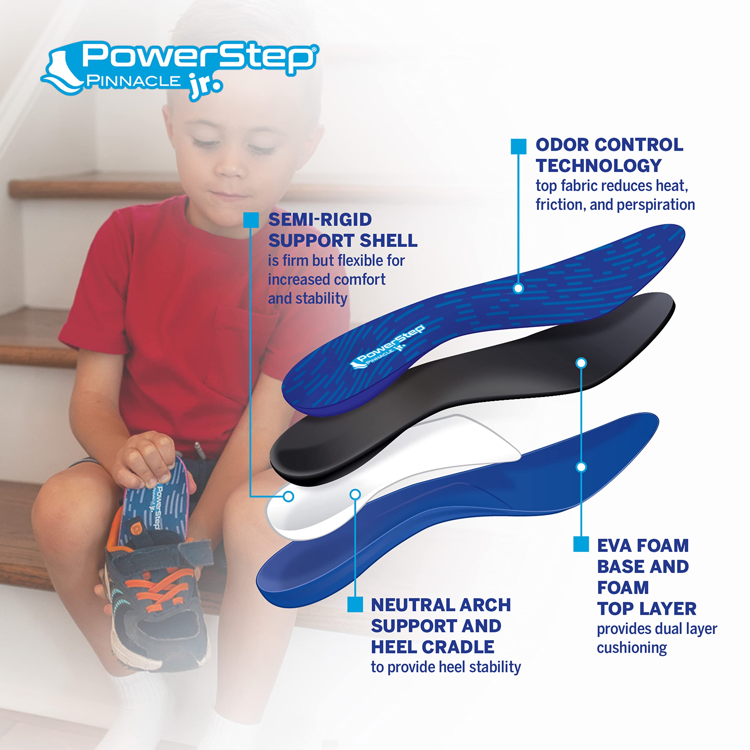 PowerStep Pinnacle Junior Kids Orthotic Insoles - Pain Relief & Maximum Cushioning Shoe Inserts for Children - Perfect for Running, Sports & Everyday Comfort