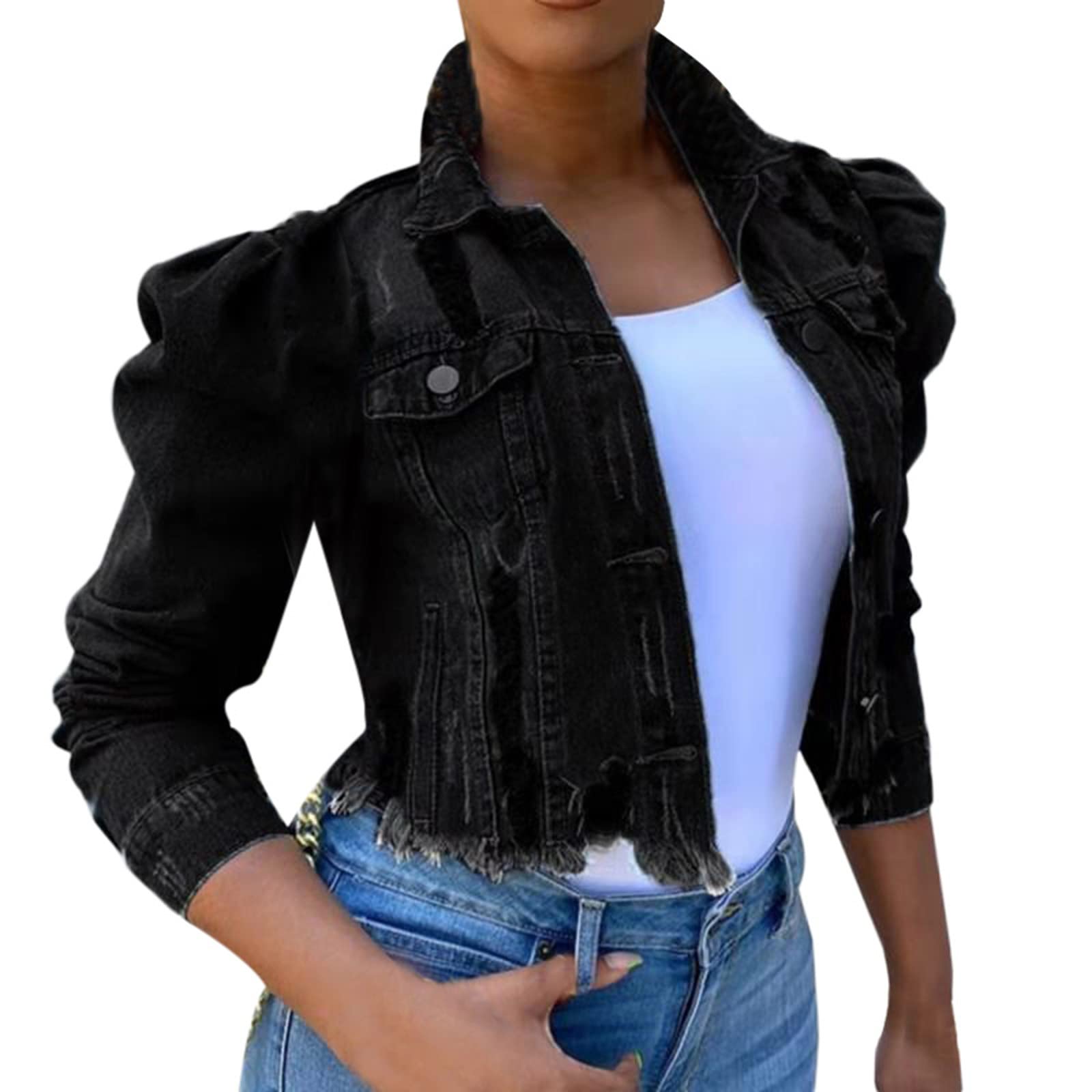 Women's Cropped Denim Jacket - Frayed Washed Button Up Slimming Jean Jacket | Casual Outfit, Street Style, Spring & Fall Fashion