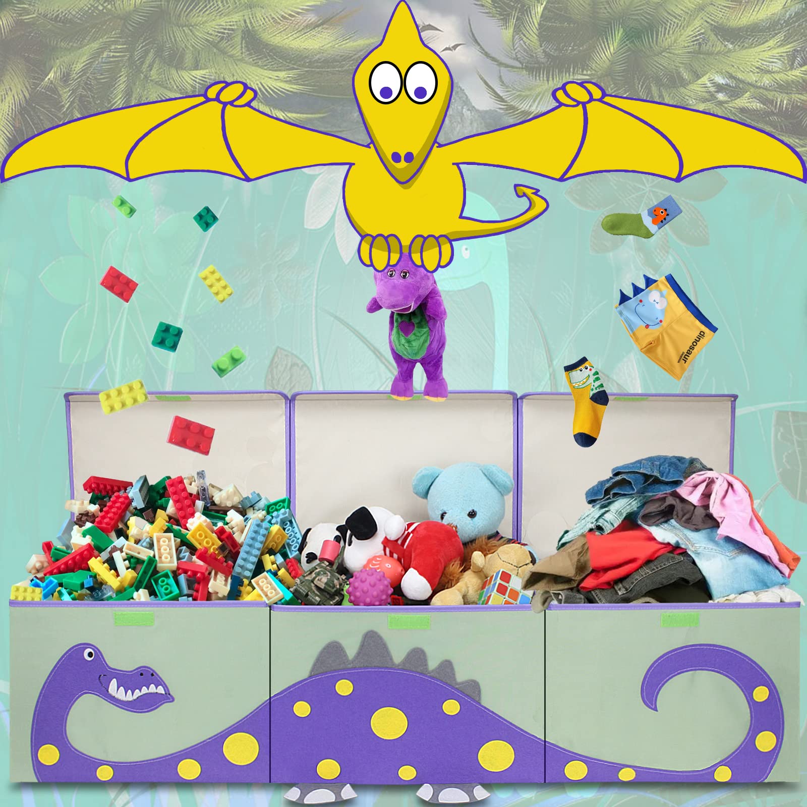 Dinosaur Toy Storage Box with Lid - Large Kids Toy Organizer for Boys & Girls, Cute Toddler Toy Chest, Nursery Room Decor & Clutter Control Basket (Purple) | Perfect for Playroom, Bedroom & Daycare Organization