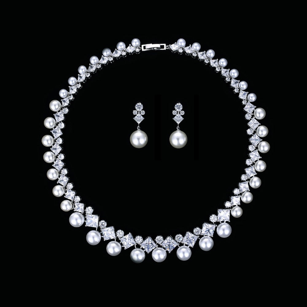 5A Cubic Zirconia & Pearl Bridal Jewelry Set - Necklace & Earrings for Weddings, Prom, Anniversary Gifts | Elegant Bride Accessories CN10130