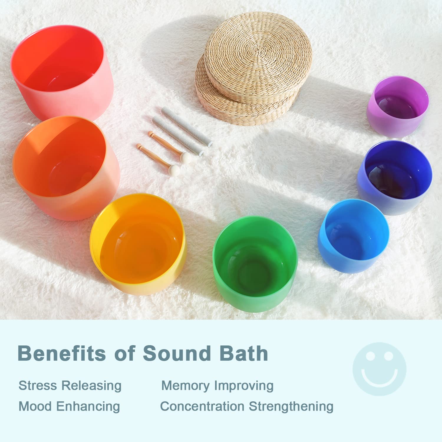 432Hz Set of 7 Colored Crystal Singing Bowls (6