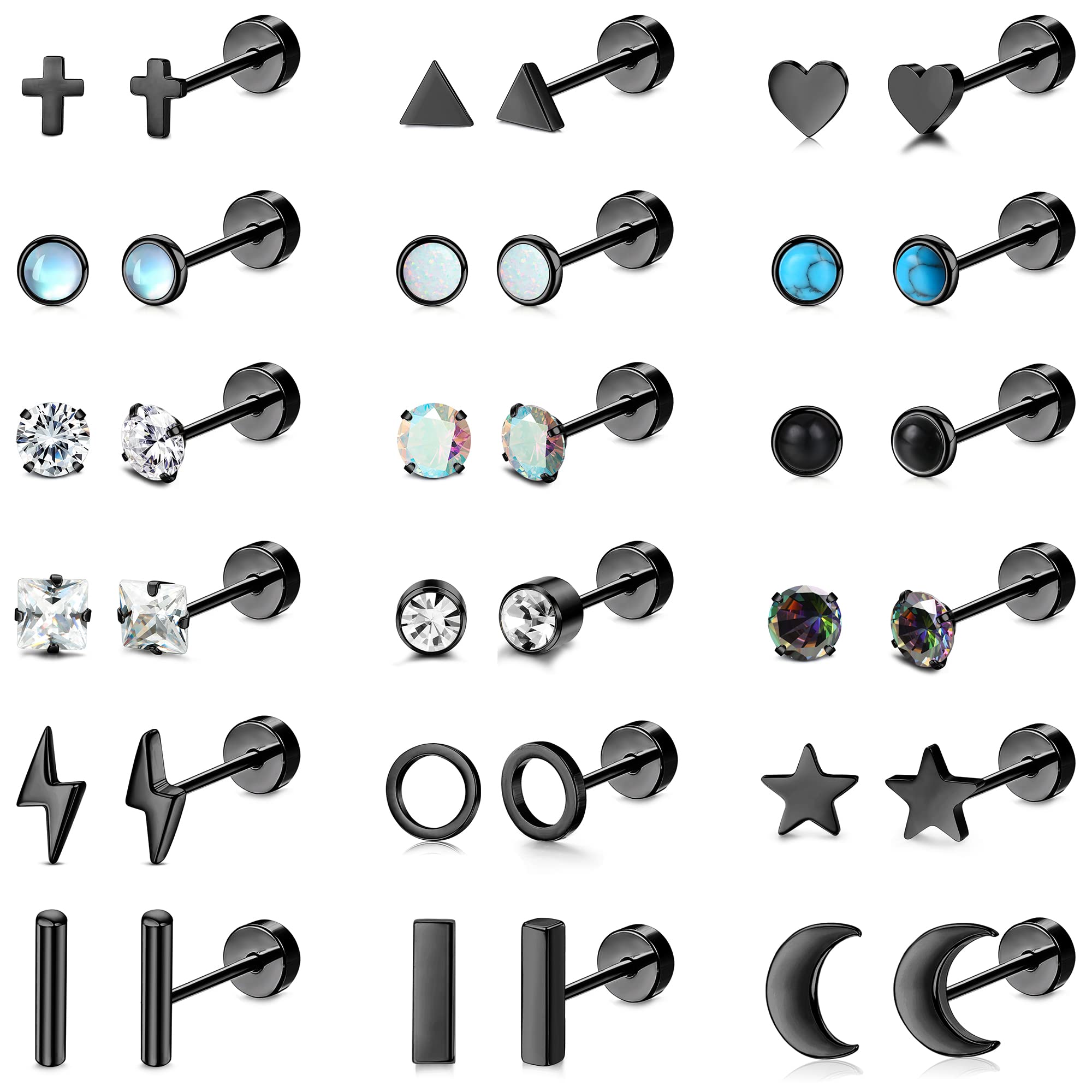TEN MIRO 18 Pairs Tiny Cartilage Stud Earrings Set for Women & Men - 316L Stainless Steel 20G Helix Earrings with Moon, Star, Heart CZ & Opal Designs - Flat Back Piercing Jewelry (Black) - Perfect for Daily Wear, Gifts & Multiple Ear Piercings