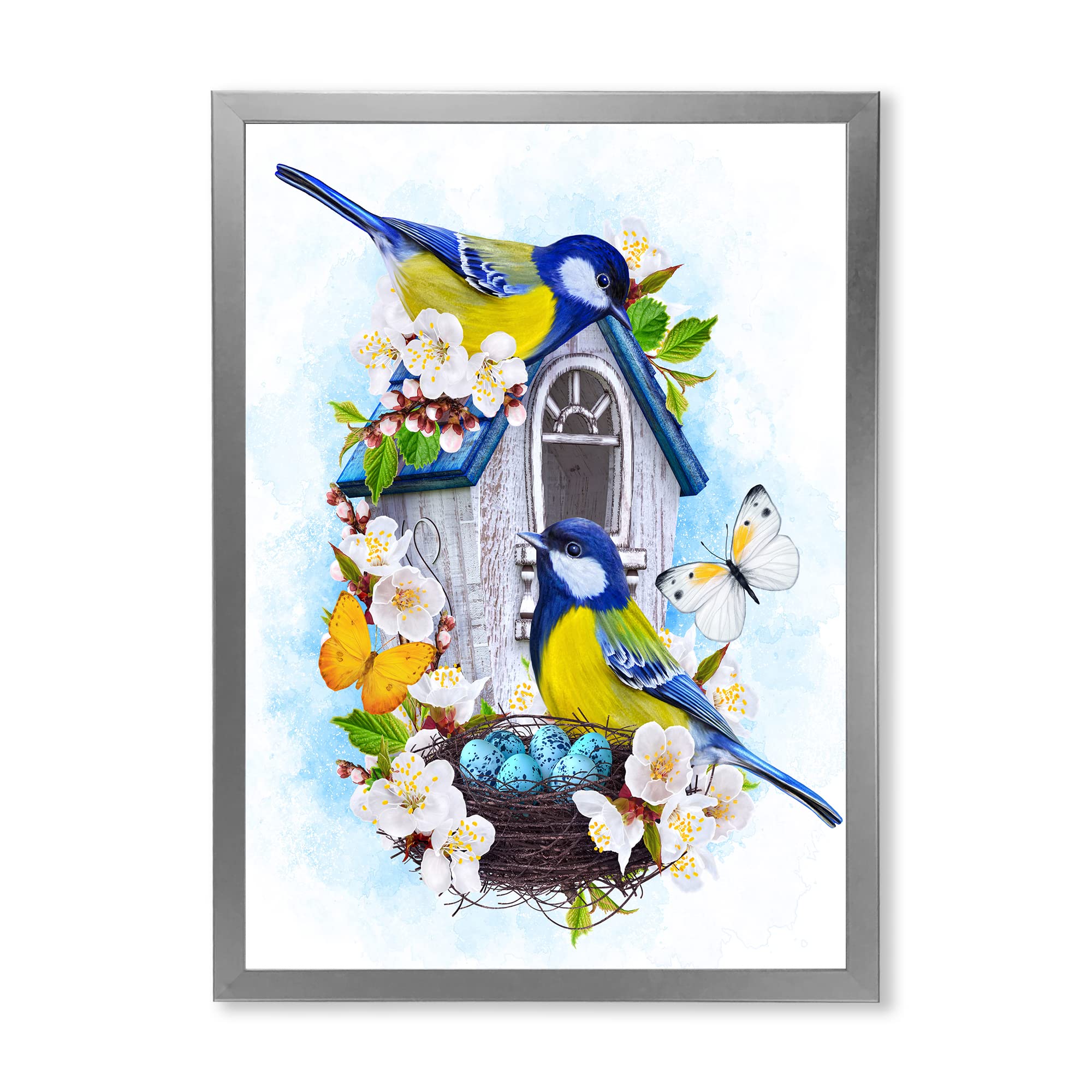 DesignQ Traditional Framed Wall Art - Two Tit Birds Sitting Near Nest with Eggs - Vintage Home Decor for Living Room, Bedroom & Office
