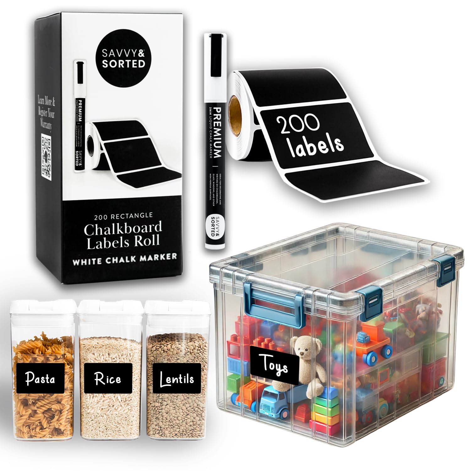 200 Pack Removable Chalkboard Labels for Storage Bins & Pantry Containers - Reusable Black Stickers with Chalk Marker - Perfect for Kitchen Organization, Home Storage & Classroom Supplies