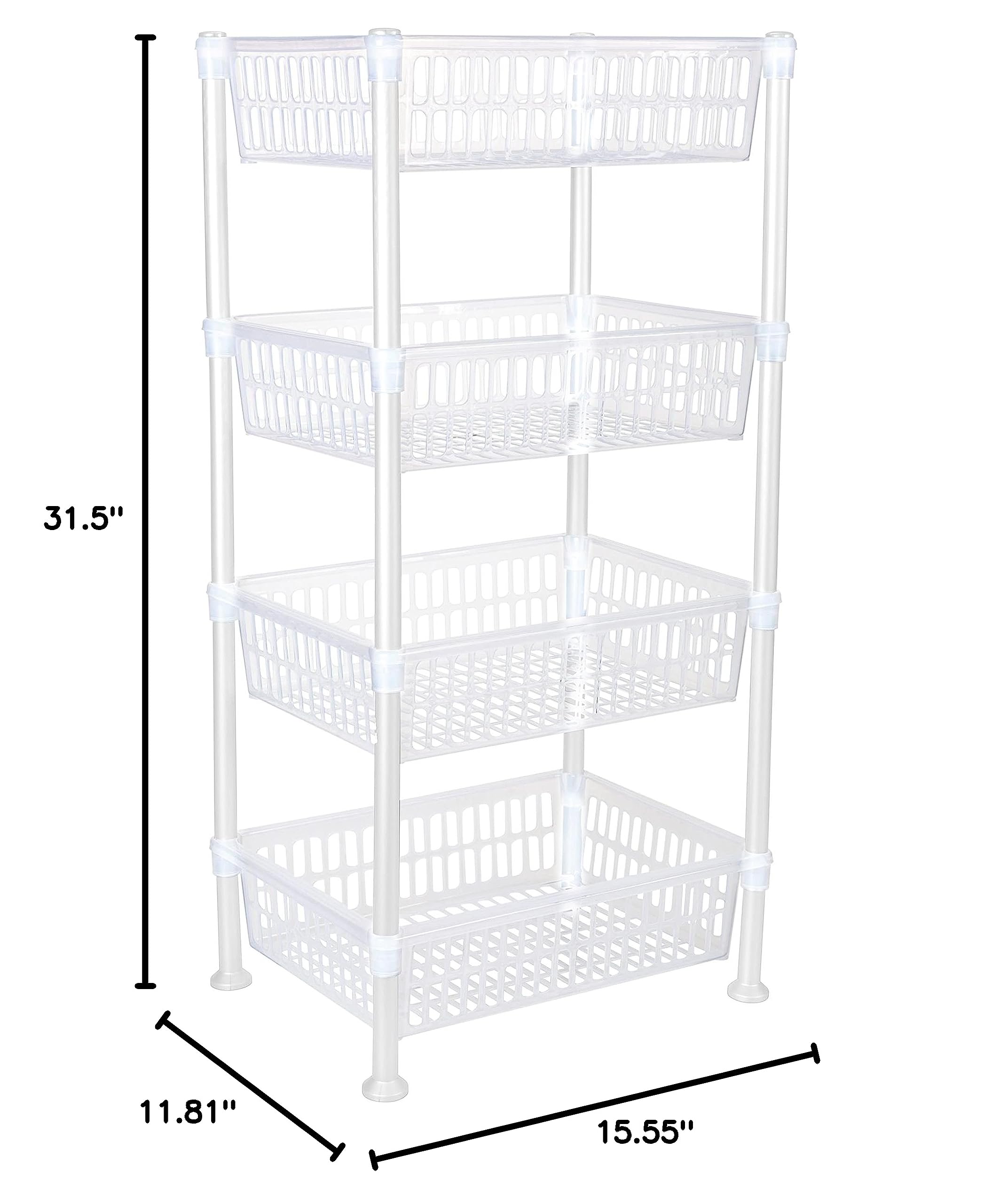 4-Tier Slim Basket Shelf Rack for Kitchen Storage & Organization - Space-Saving Organizer for Pantry, Bathroom, Laundry Room & Office - Perfect for Food, Supplies & Household Items (White) - Ideal for Small Spaces & Clutter-Free Homes