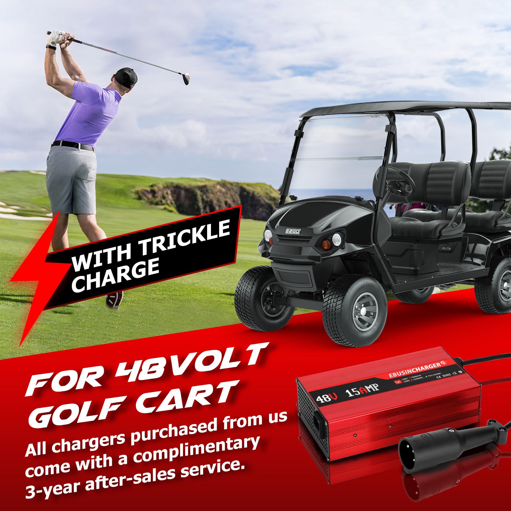 48V 15A Golf Cart Battery Charger for Club Car DS & Precedent - Fast 4-8H Full Charge Trickle Charger for Lead Acid Batteries | Replacement for Club Car 48 Volt Charger (5.5Lb) | Perfect for Golf Course, RV & Home Use