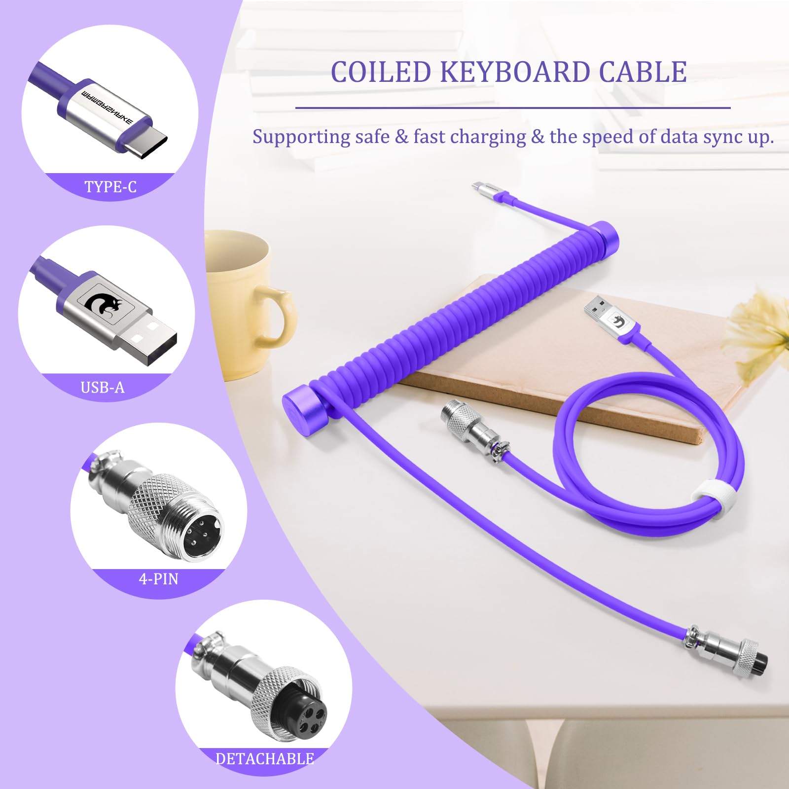 MAMBASNAKE C01 Coiled Keyboard Cable Set - 8KHz USB-C for Gaming (Purple) - Perfect for Esports & Mechanical Keyboards