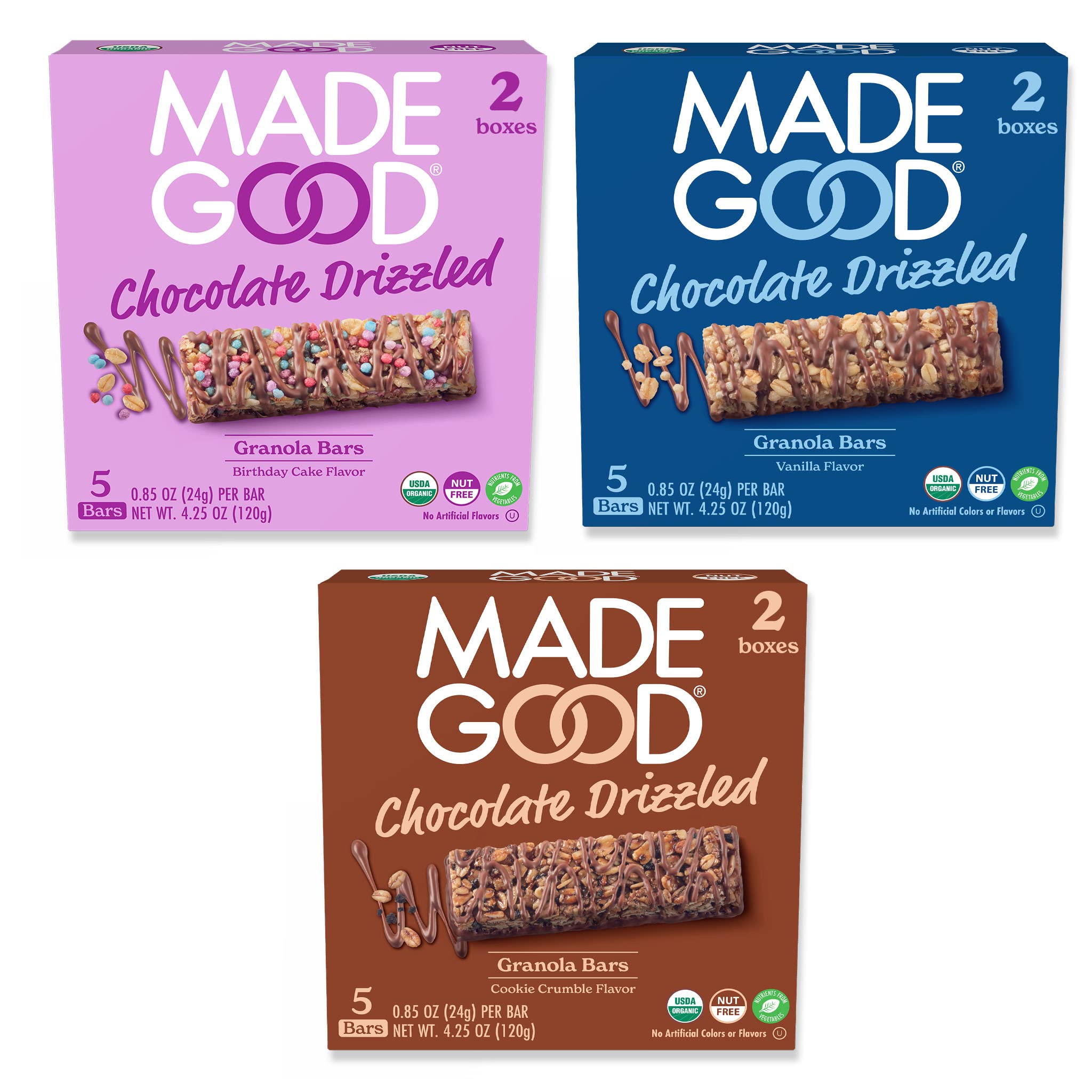 MadeGood Organic Gluten Free Granola Bars Variety Pack with Chocolate Drizzle - 30 Count (0.85 Oz Each) | Healthy School Lunch Snacks, On-the-Go Breakfast & Office Energy Boost