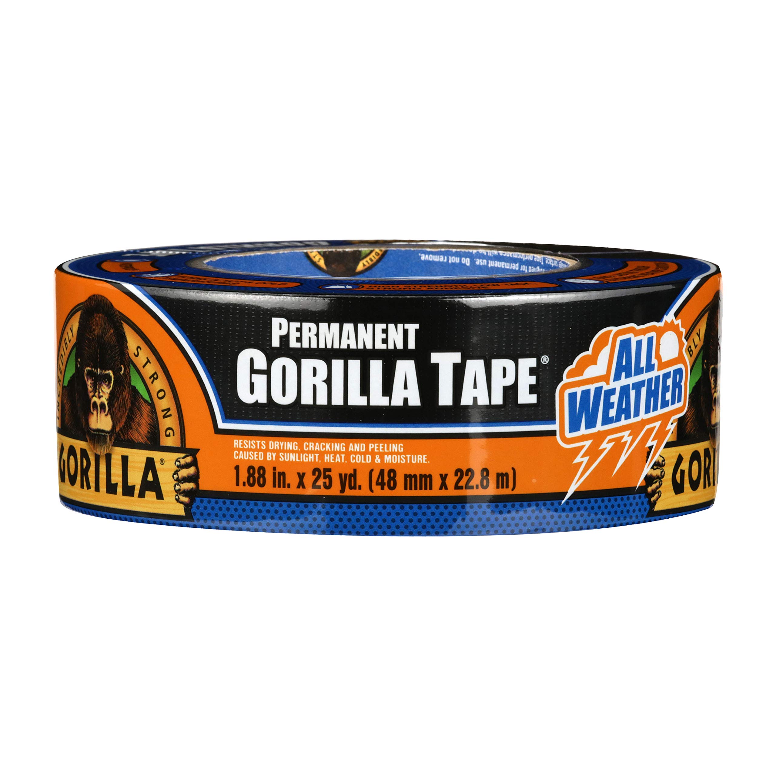 Gorilla Permanent All Weather Tape - Heavy Duty Waterproof Duct Tape for Indoor & Outdoor Use - 1.88 in x 25 yd Strong Adhesive Utility Tape (Black, Pack of 1) - Ideal for Home Repairs, Camping Gear Fixes & Emergency Situations