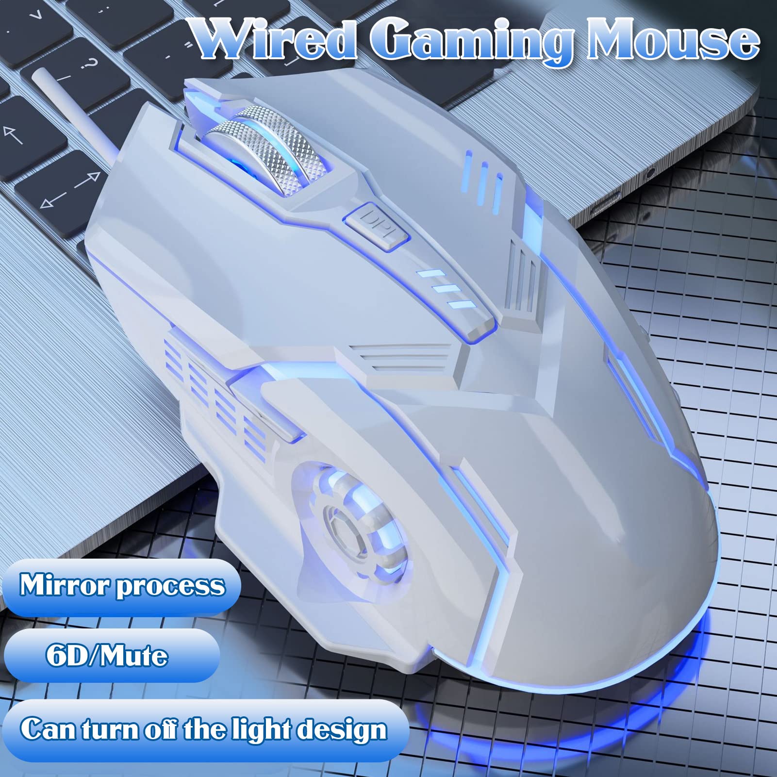 F7 Wired Gaming Mouse with RGB Backlit, 6 Programmable Buttons, Adjustable 3600 DPI, Ergonomic Design for PC & Laptop - Perfect for FPS, MOBA & Office Work (White)