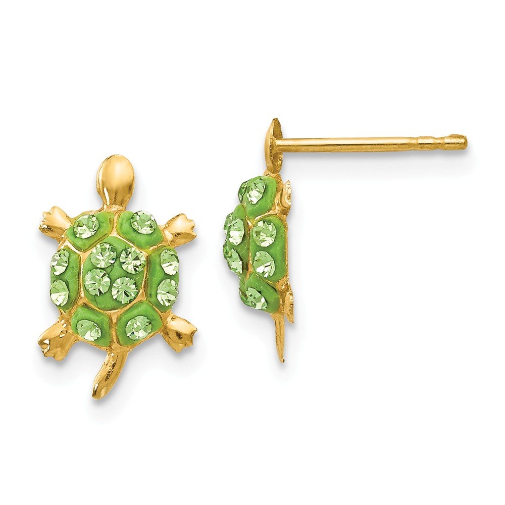 14K Yellow Gold Light Green Crystal Turtle Stud Earrings - Elegant Jewelry for Women, Perfect for Gifts, Parties, and Everyday Wear