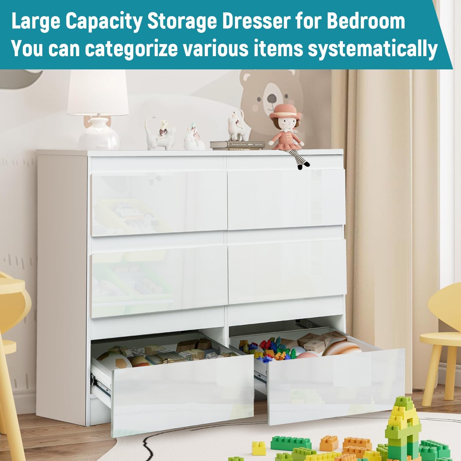 6-Drawer White Wooden Dresser for Bedroom - 47.2