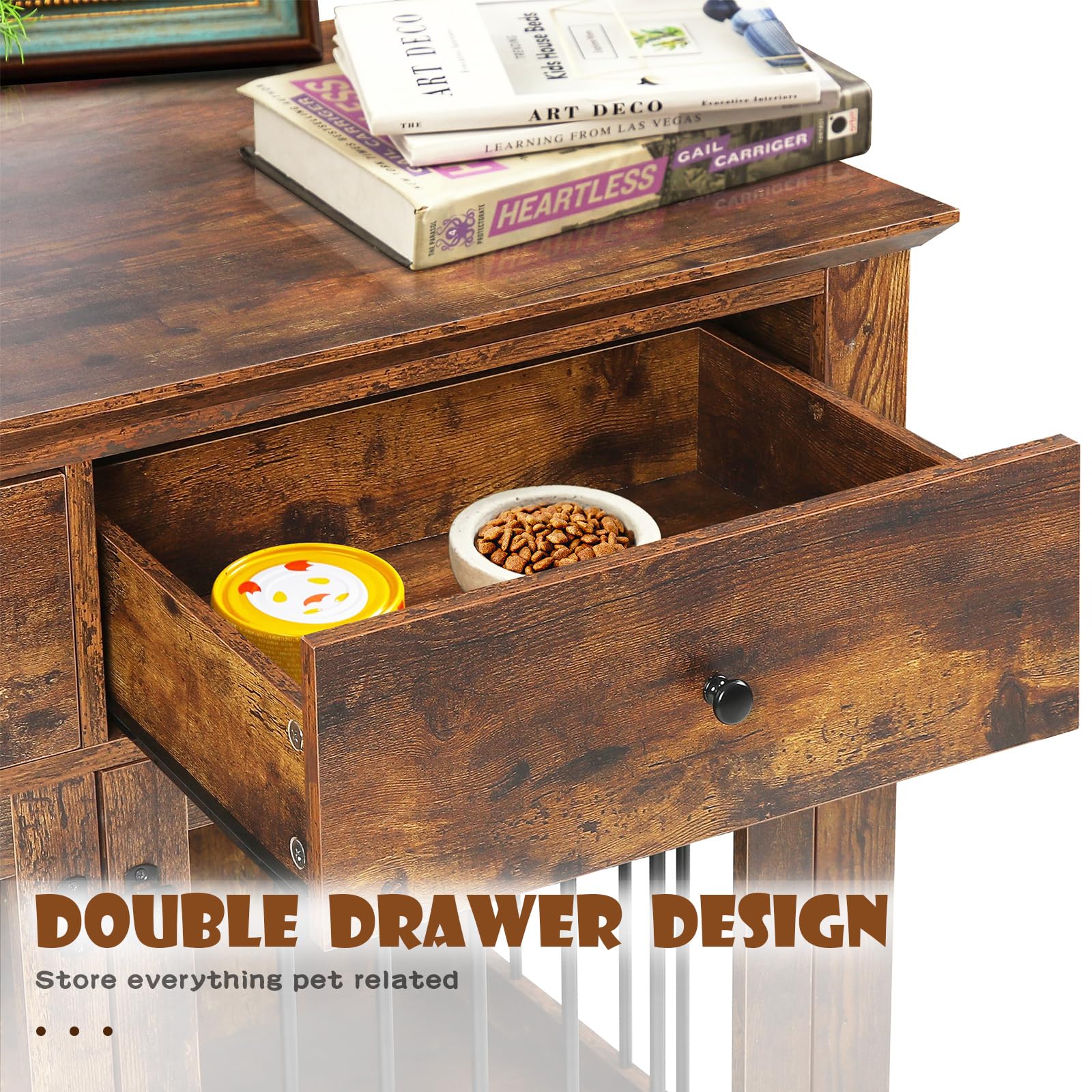 LEMBERI 44 Inch Large Dog Crate Furniture - Wooden Dog Kennel End Table with Storage Drawers | Indoor Pet Cage & Dog House for Medium to Large Dogs | Perfect for Living Room, Bedroom or Office (Brown)