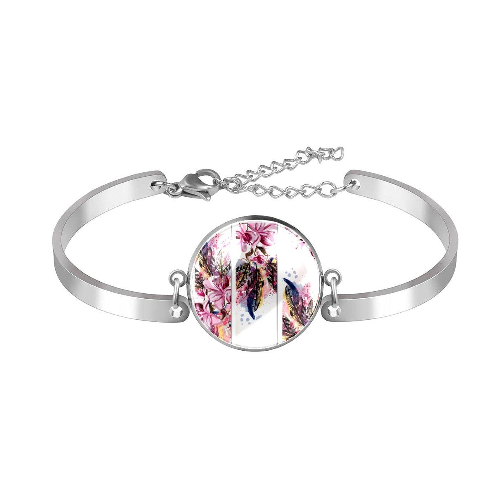 Adjustable Bangle Bracelet with Watercolor Magnolia Flower & Feather Design - Elegant Link Bracelet for Women, Perfect for Casual Wear, Parties & Gifts