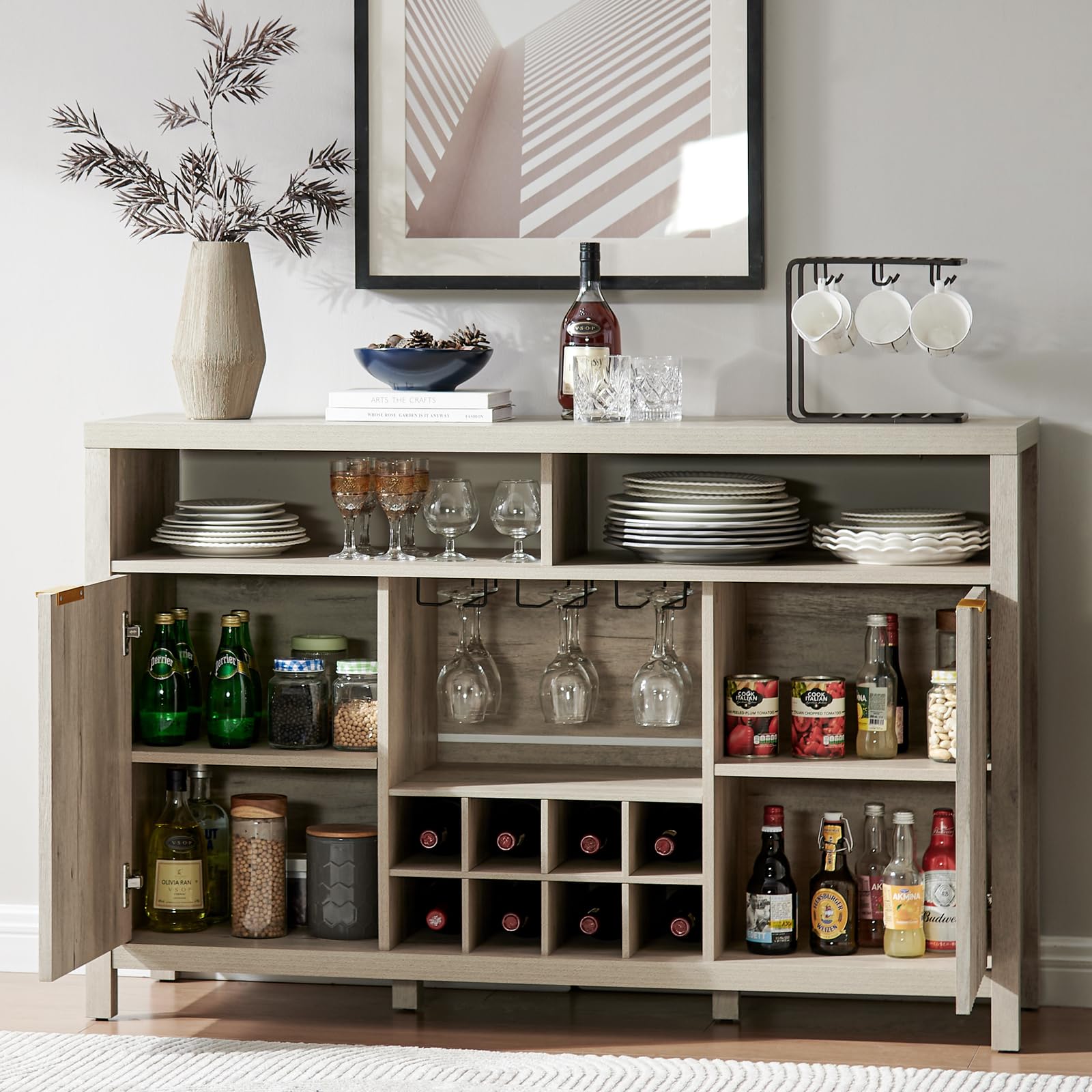 Modern Oxford Fluted Wine Bar Cabinet with Adjustable Shelves & 8-Bottle Wine Rack - 51 Inch Liquor Storage Cabinet for Dining Room, Living Room or Home Bar