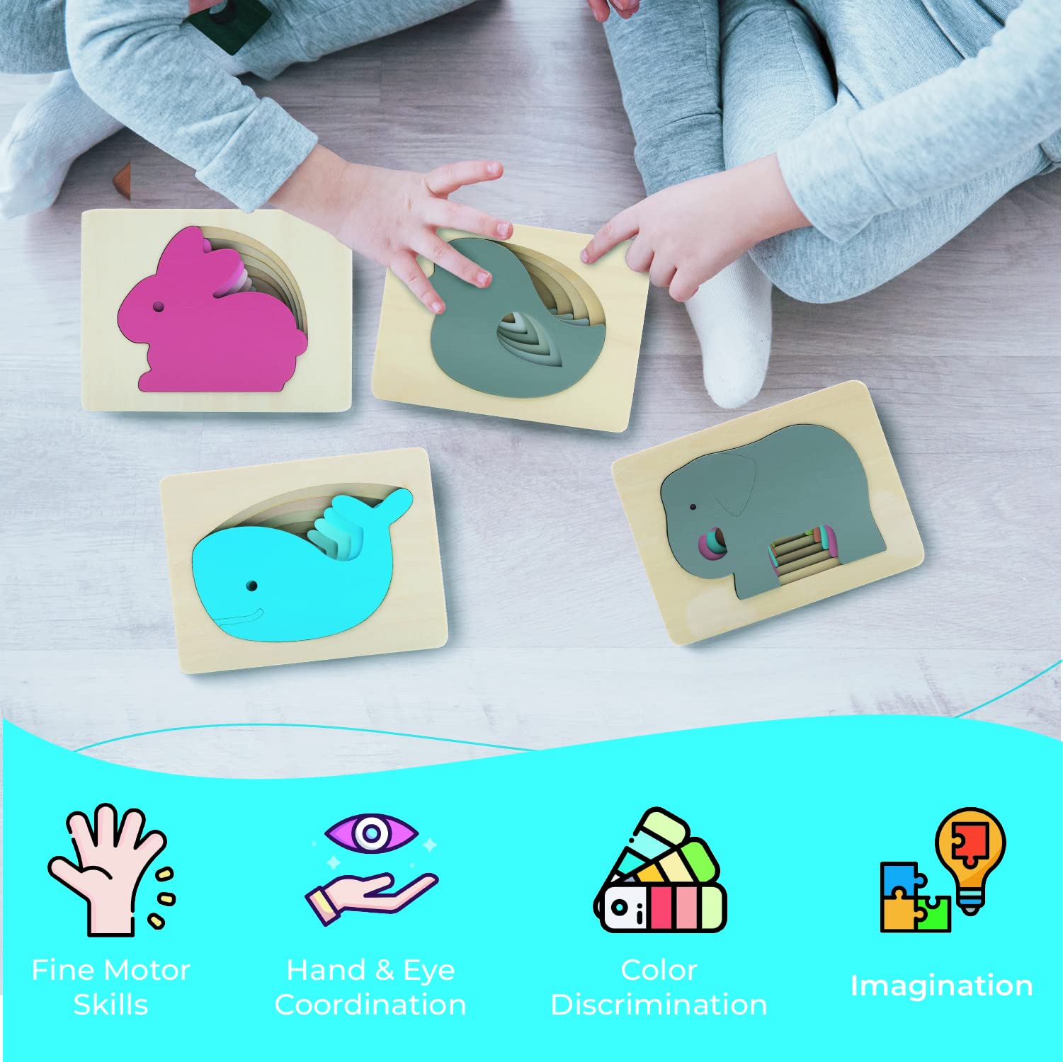 TEKOR 4-Piece Wooden Animal Puzzle Set - Multi-Layered Educational Toy for Kids Ages 3+ | Safe Non-Toxic Paint | Develops Hand-Eye Coordination & Cognitive Skills | Perfect for Preschool Learning, Birthday Gifts & Montessori Activities