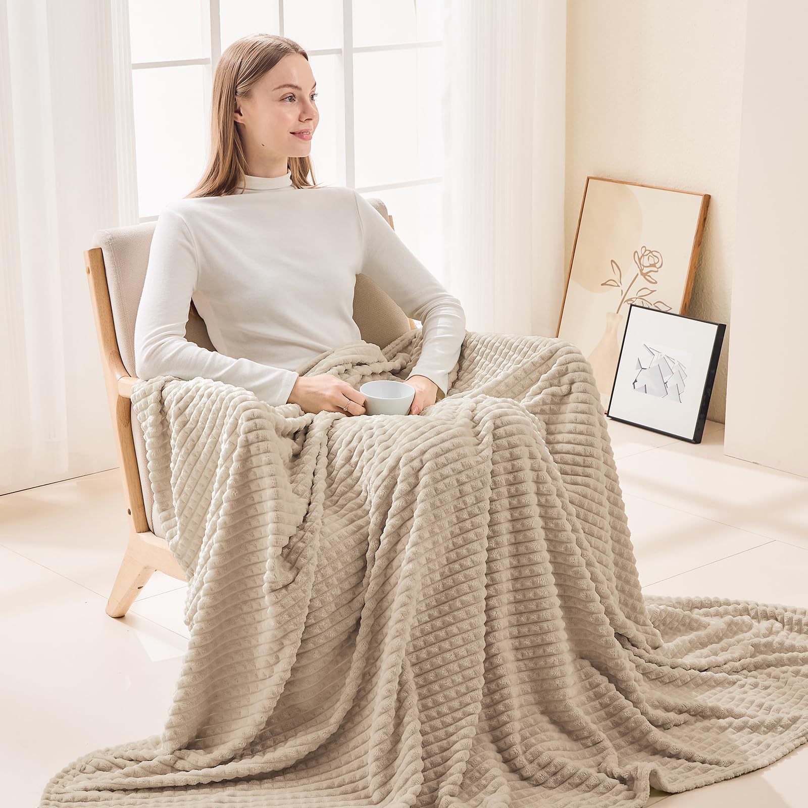 Premium EMME Fleece Blanket Twin Size - Ultra Soft & Warm Flannel Throw for Couch, Bed, Sofa, Chair - Plush Cozy Blanket with Geometric Grid Design (Beige, 60'' x 80'') - Perfect for Winter Nights, Lounging & Home Decor