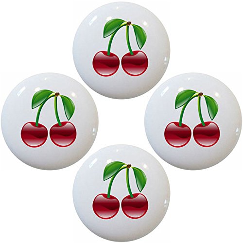Shiny Cherries Fruit Ceramic Cabinet Drawer Pulls Knobs - Set of 4 - Vintage Kitchen Cabinet Hardware - Perfect for Farmhouse, Cottage & Shabby Chic Home Decor