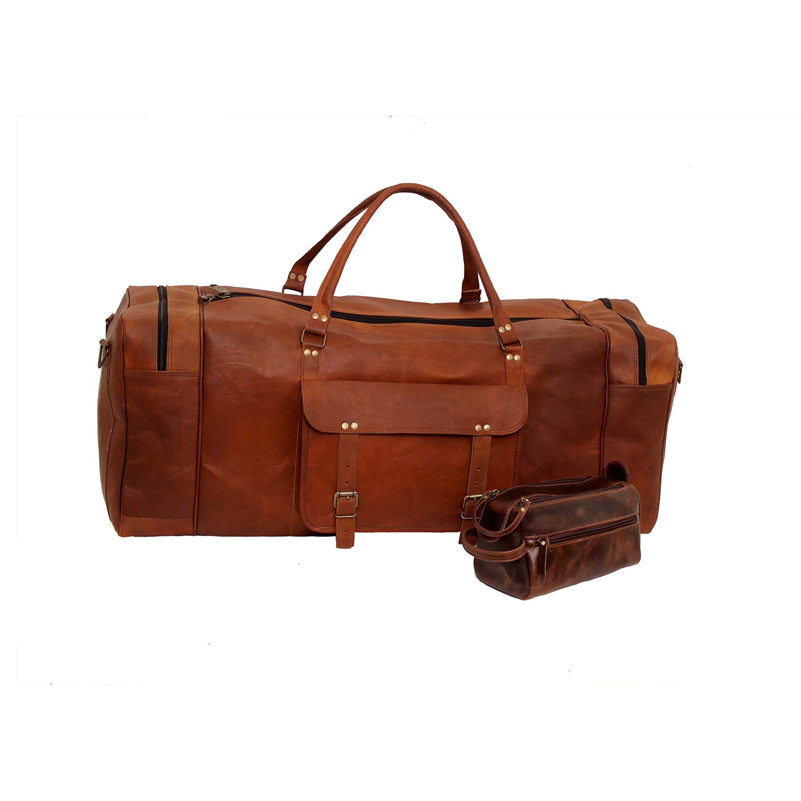 Premium Leather Duffel Bag with Toiletry Bag - Travel Luggage Set for Men & Women - Perfect for Business Trips, Weekend Getaways & Gym Use