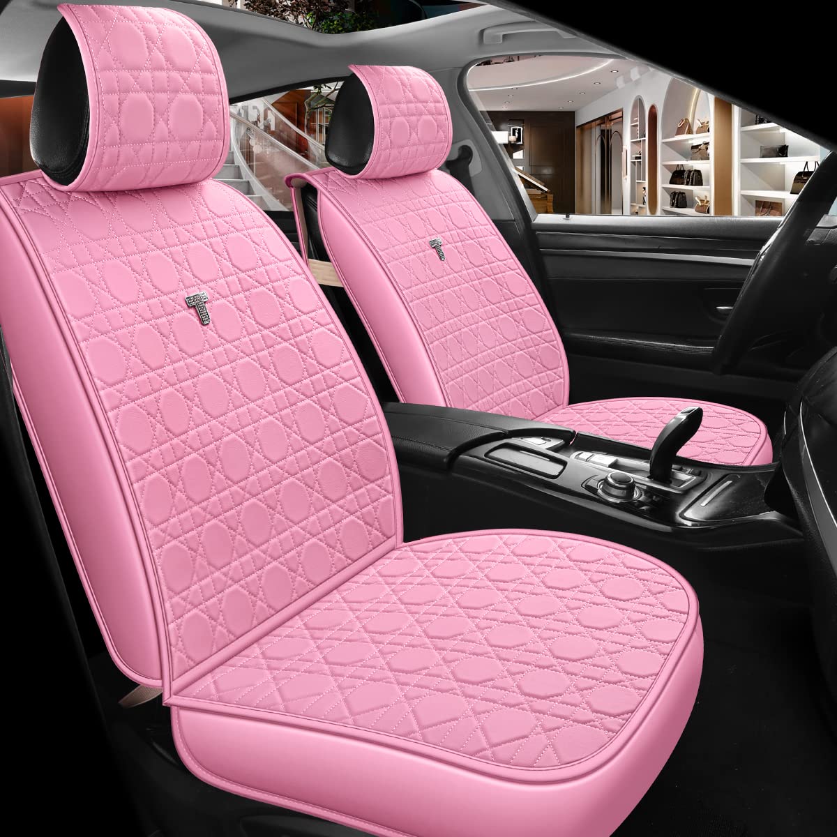 Begonydeer Universal Pink Faux Leather Car Seat Covers Full Set (9-Piece) - Front & Rear Seat Protection for Cars, Trucks & SUVs | Waterproof, Comfortable & Stylish Interior Upgrade for Daily Commute & Road Trips